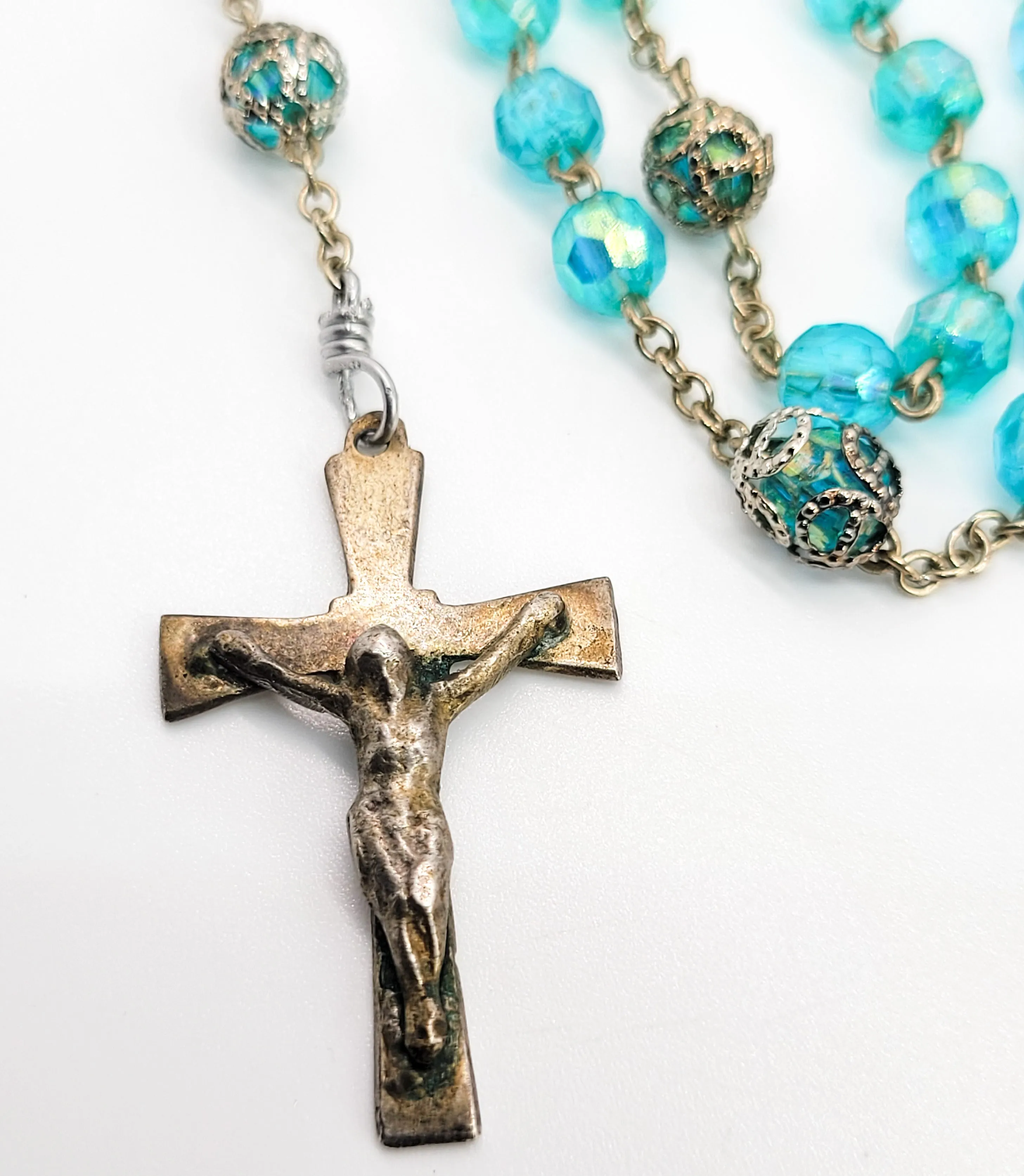 Aqua blue Austrian crystal aurora borealis beaded vintage rosary crucifix with holder
