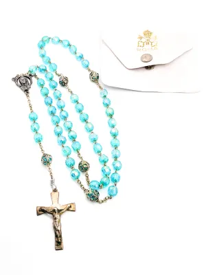 Aqua blue Austrian crystal aurora borealis beaded vintage rosary crucifix with holder