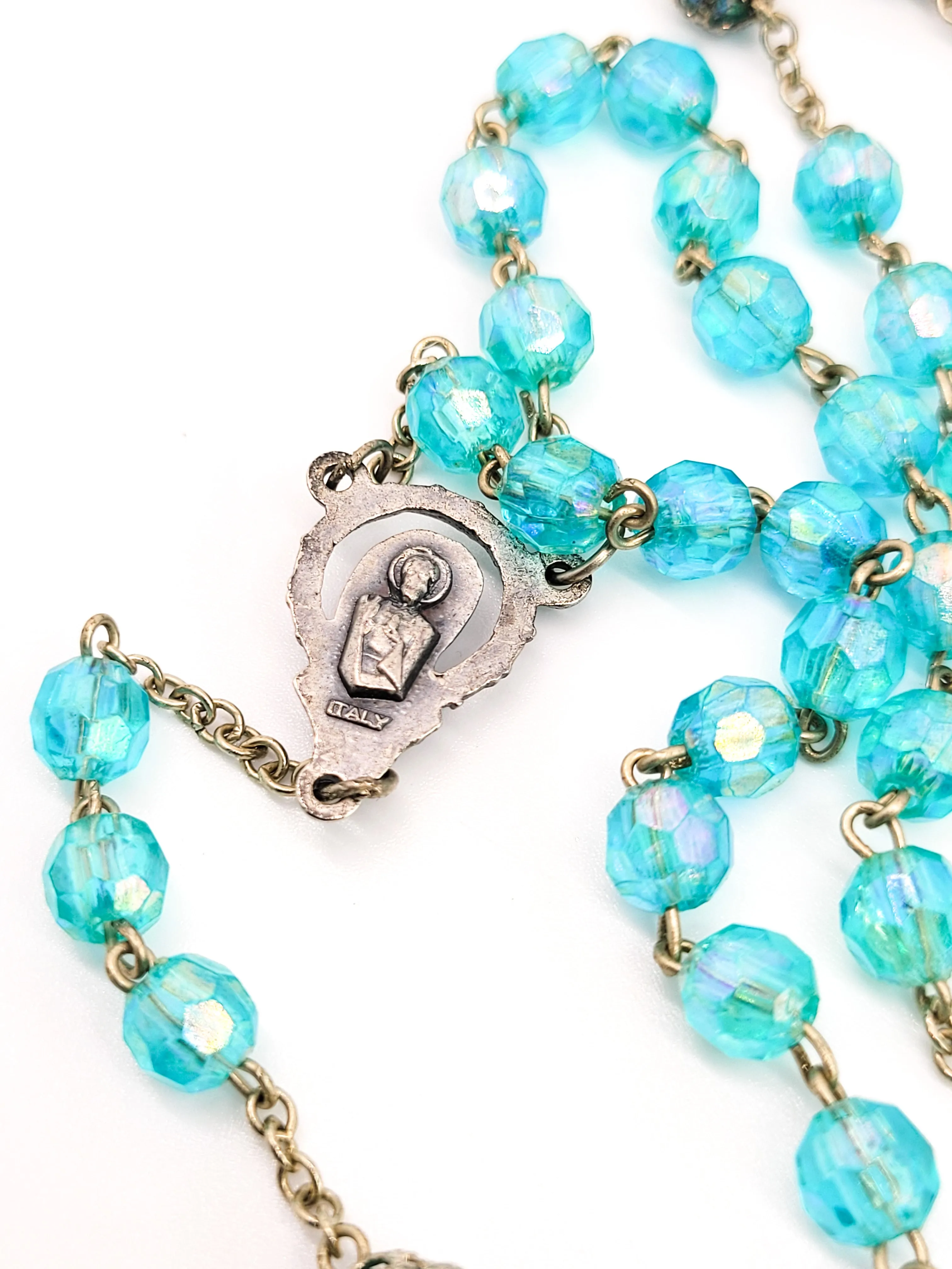 Aqua blue Austrian crystal aurora borealis beaded vintage rosary crucifix with holder