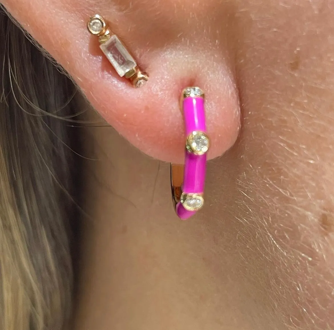 Ava Huggies: Ballet Pink Enamel/14K Yellow Gold-Diamond