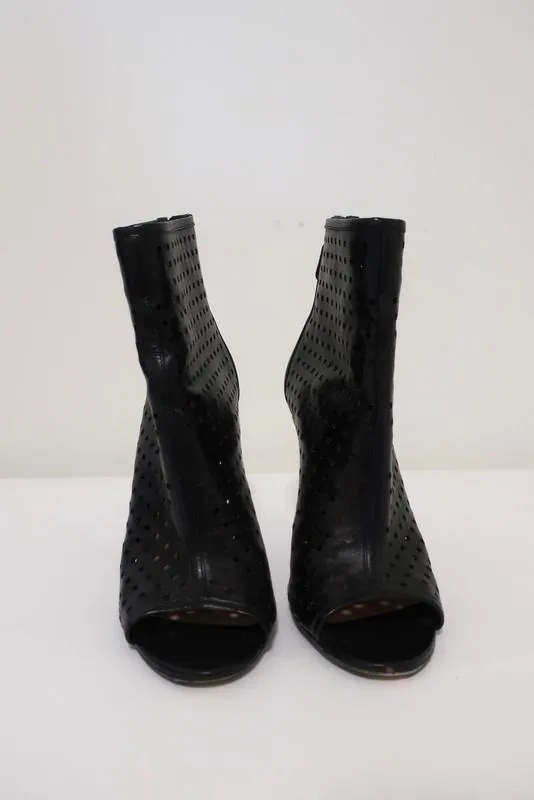 Barbara Bui Open Toe Booties Black Perforated Leather Size 38.5 Ankle Boots