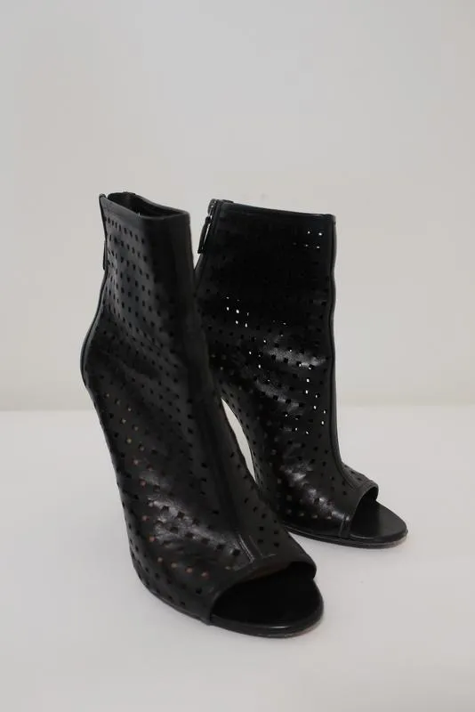 Barbara Bui Open Toe Booties Black Perforated Leather Size 38.5 Ankle Boots