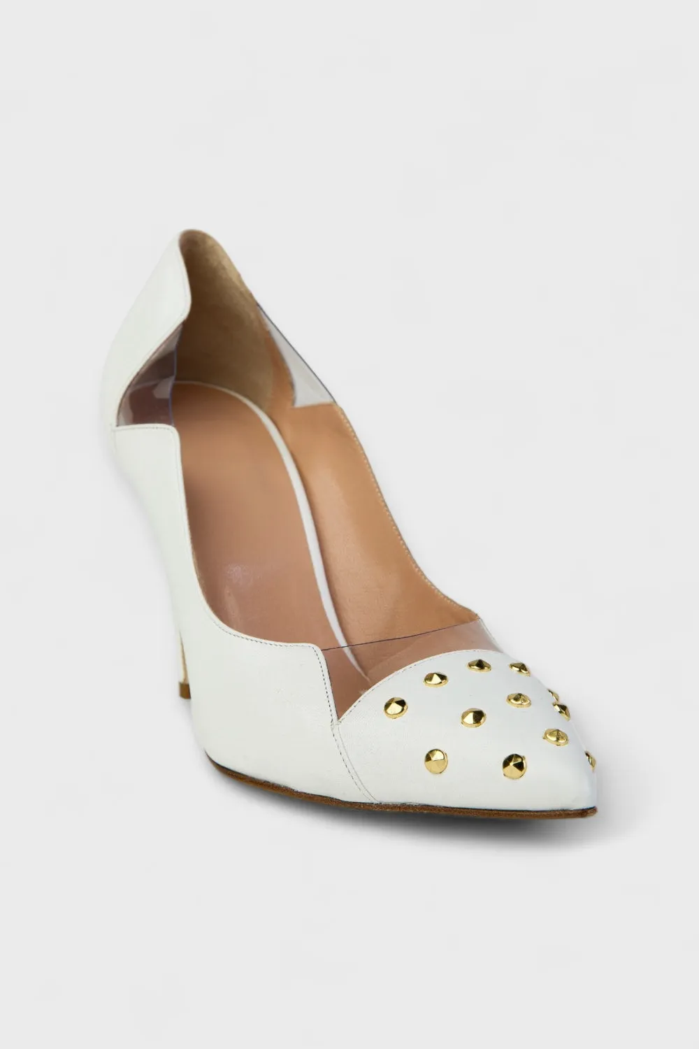 Bianca Gold Studded White Leather Pumps