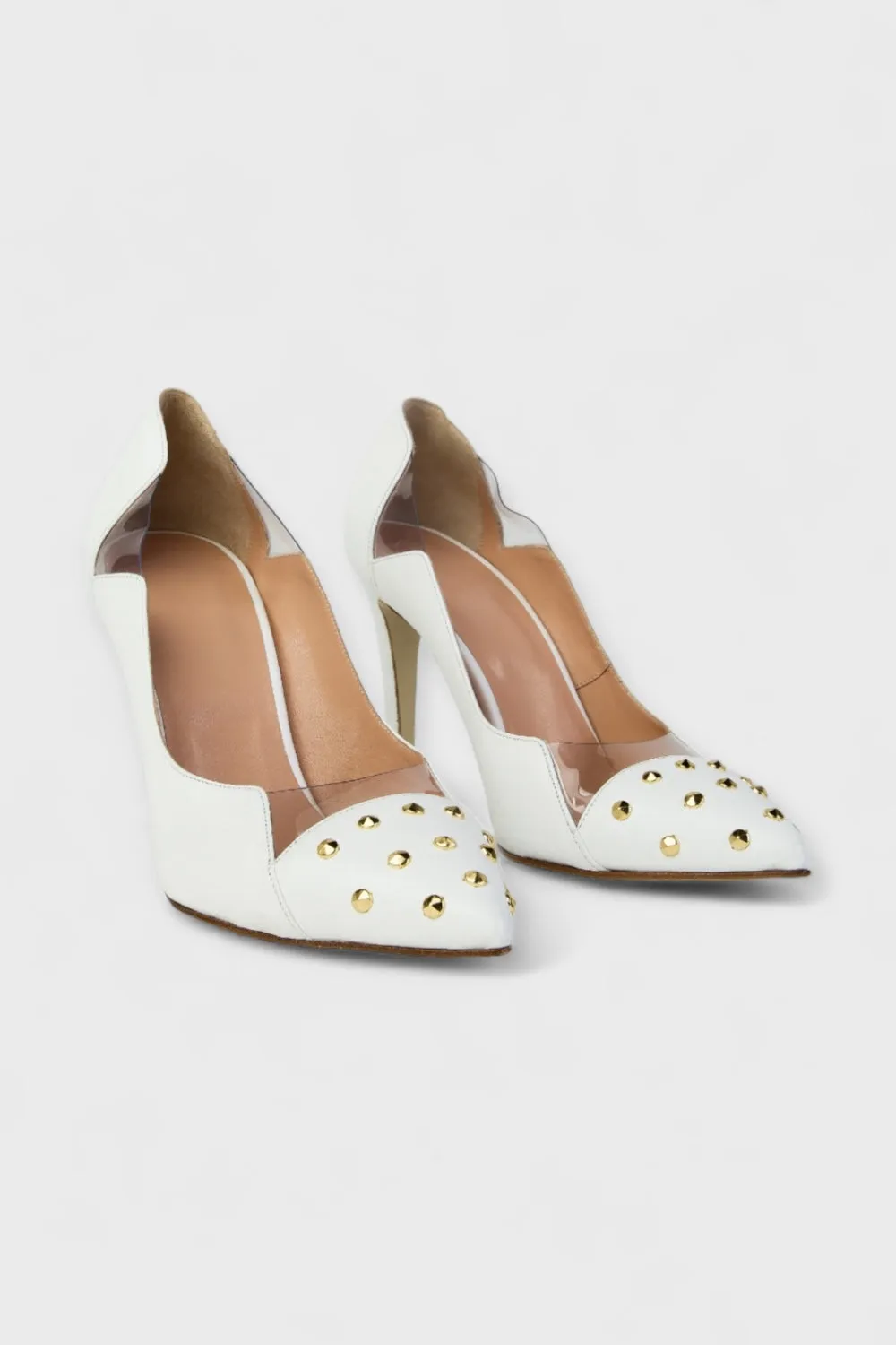 Bianca Gold Studded White Leather Pumps
