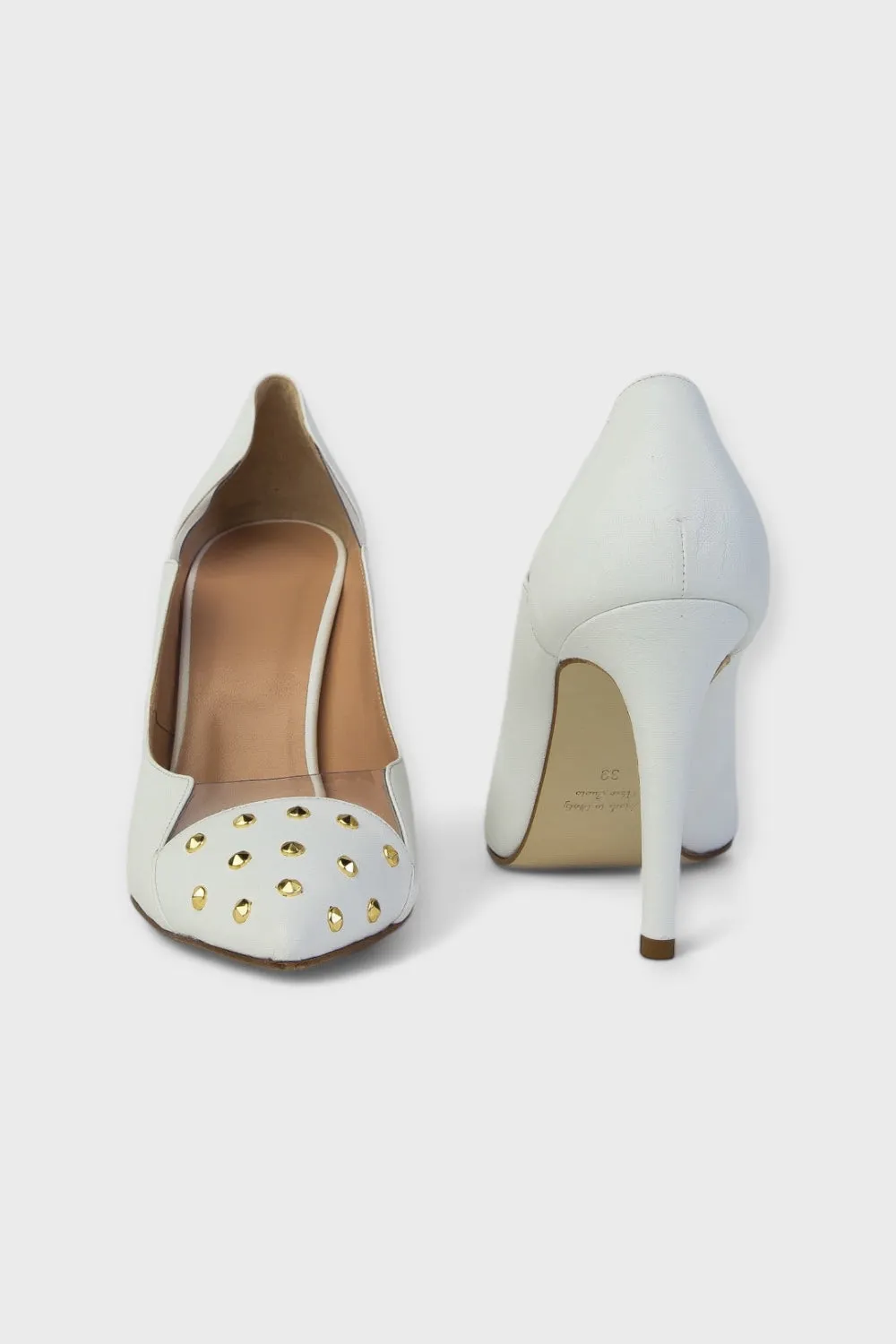 Bianca Gold Studded White Leather Pumps