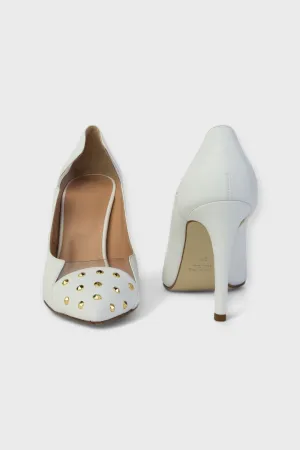 Bianca Gold Studded White Leather Pumps