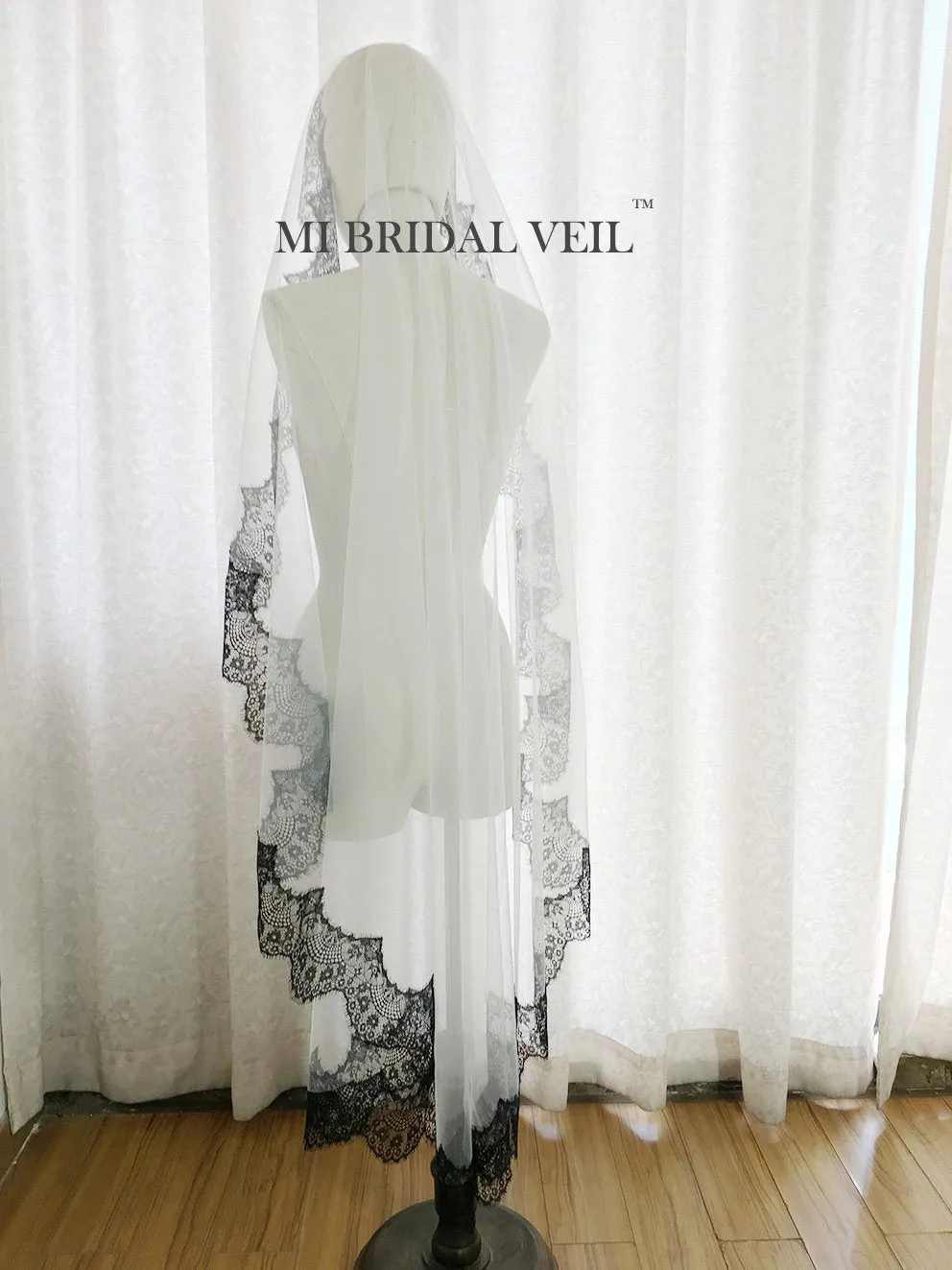 Black Mantilla Lace Wedding Veil, Bridal Veil with Blusher, Mi Bridal