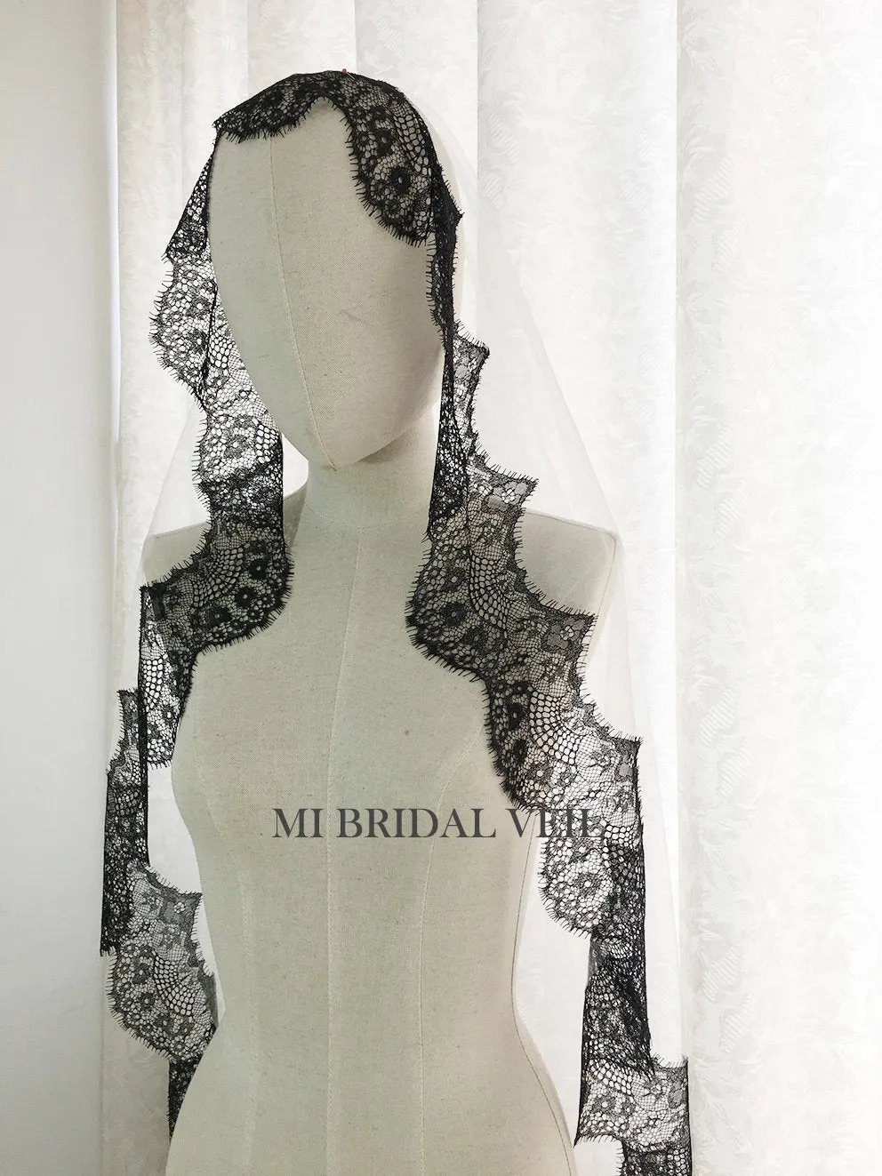 Black Mantilla Lace Wedding Veil, Bridal Veil with Blusher, Mi Bridal