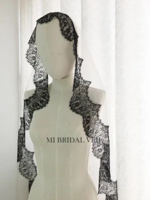 Black Mantilla Lace Wedding Veil, Bridal Veil with Blusher, Mi Bridal