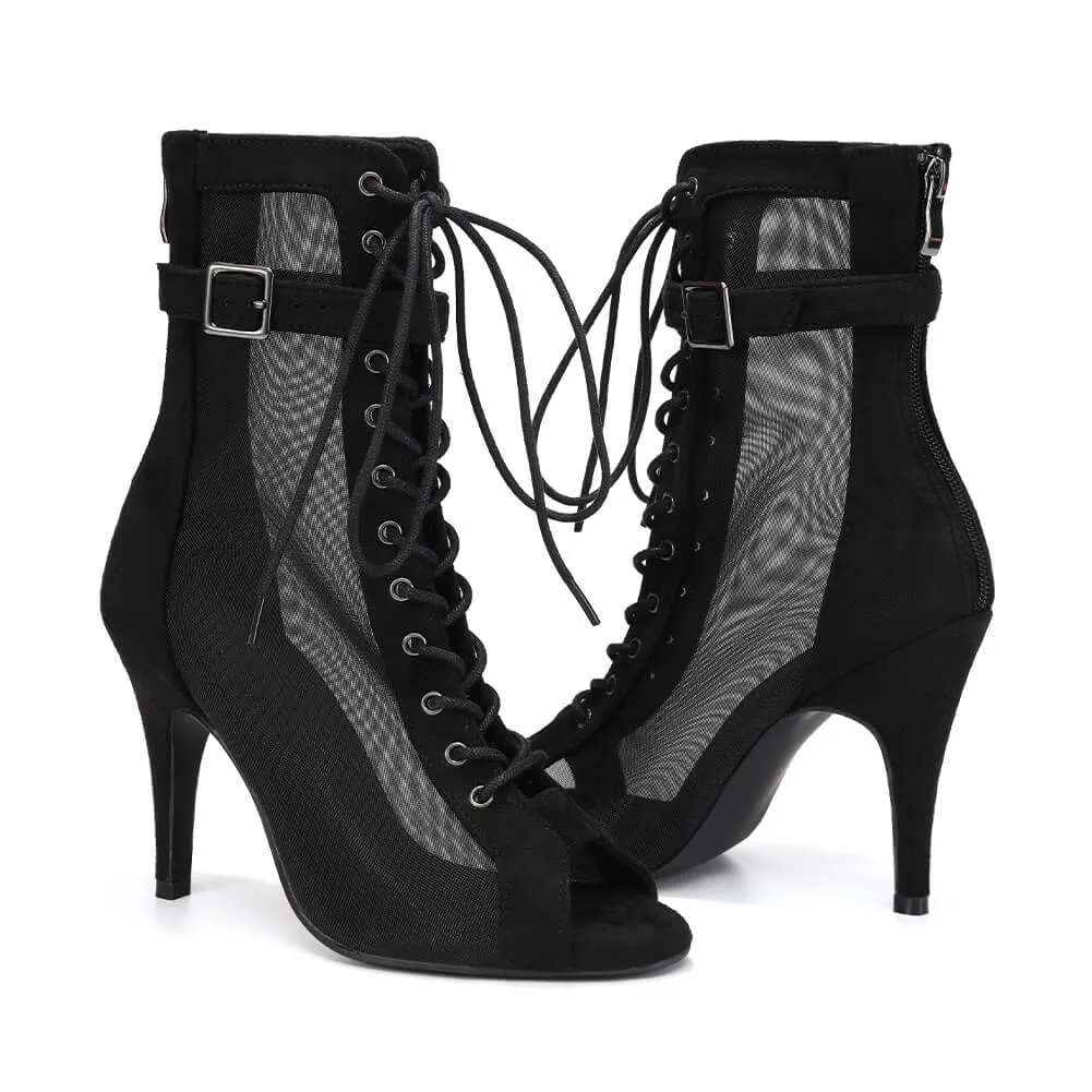 Black Open Toe Mesh Ankle Boots