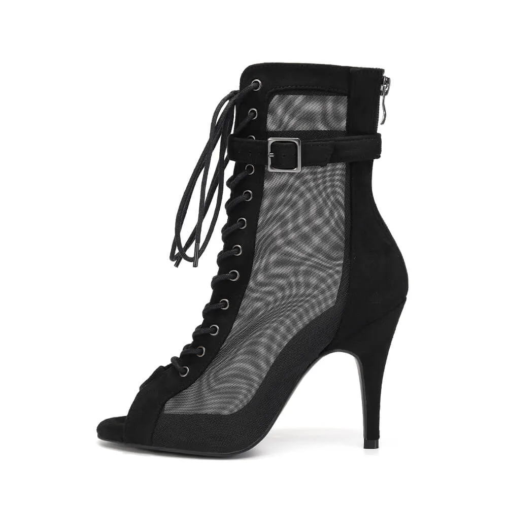 Black Open Toe Mesh Ankle Boots