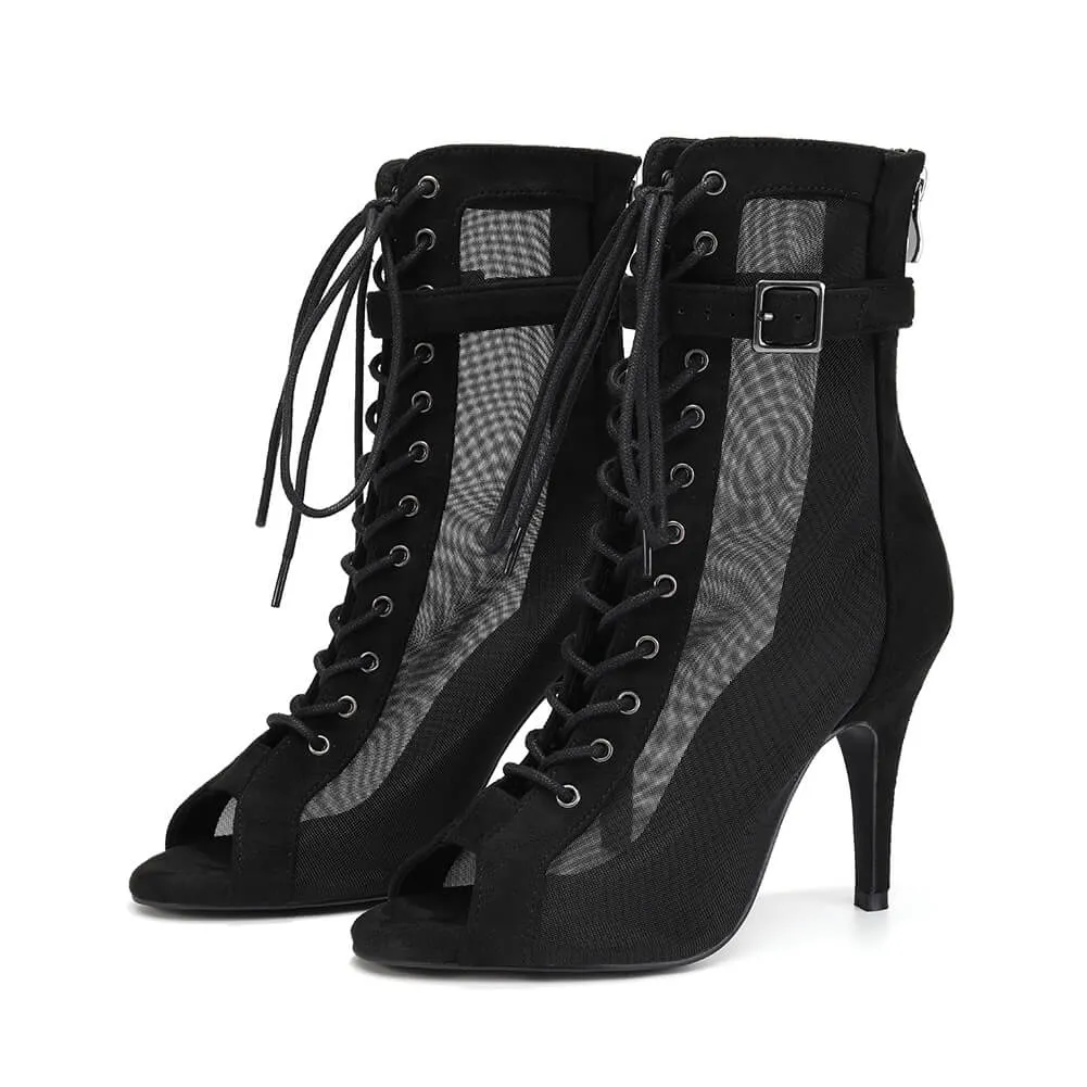 Black Open Toe Mesh Ankle Boots