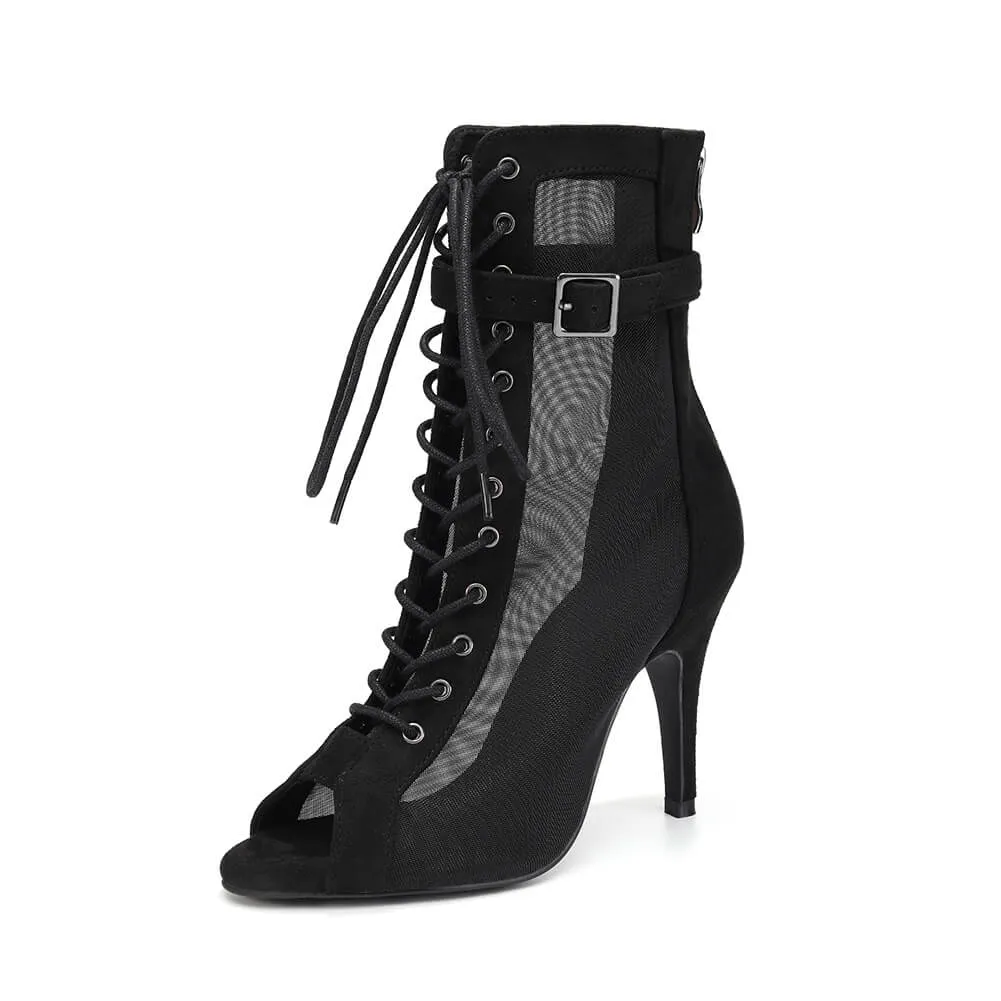 Black Open Toe Mesh Ankle Boots