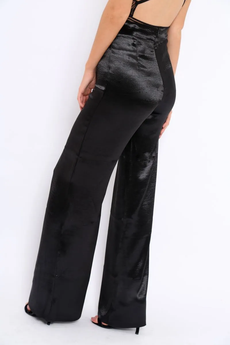 Black Satin High Waist Flare Trousers -Tisha