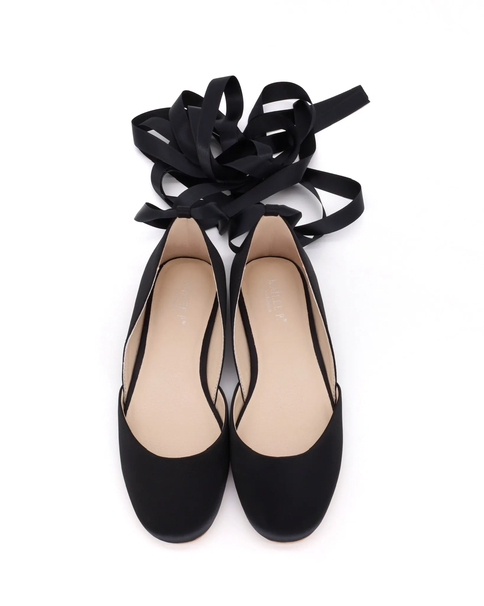 Black Satin Round Toe Evening Flat with Ballerina Lace Up