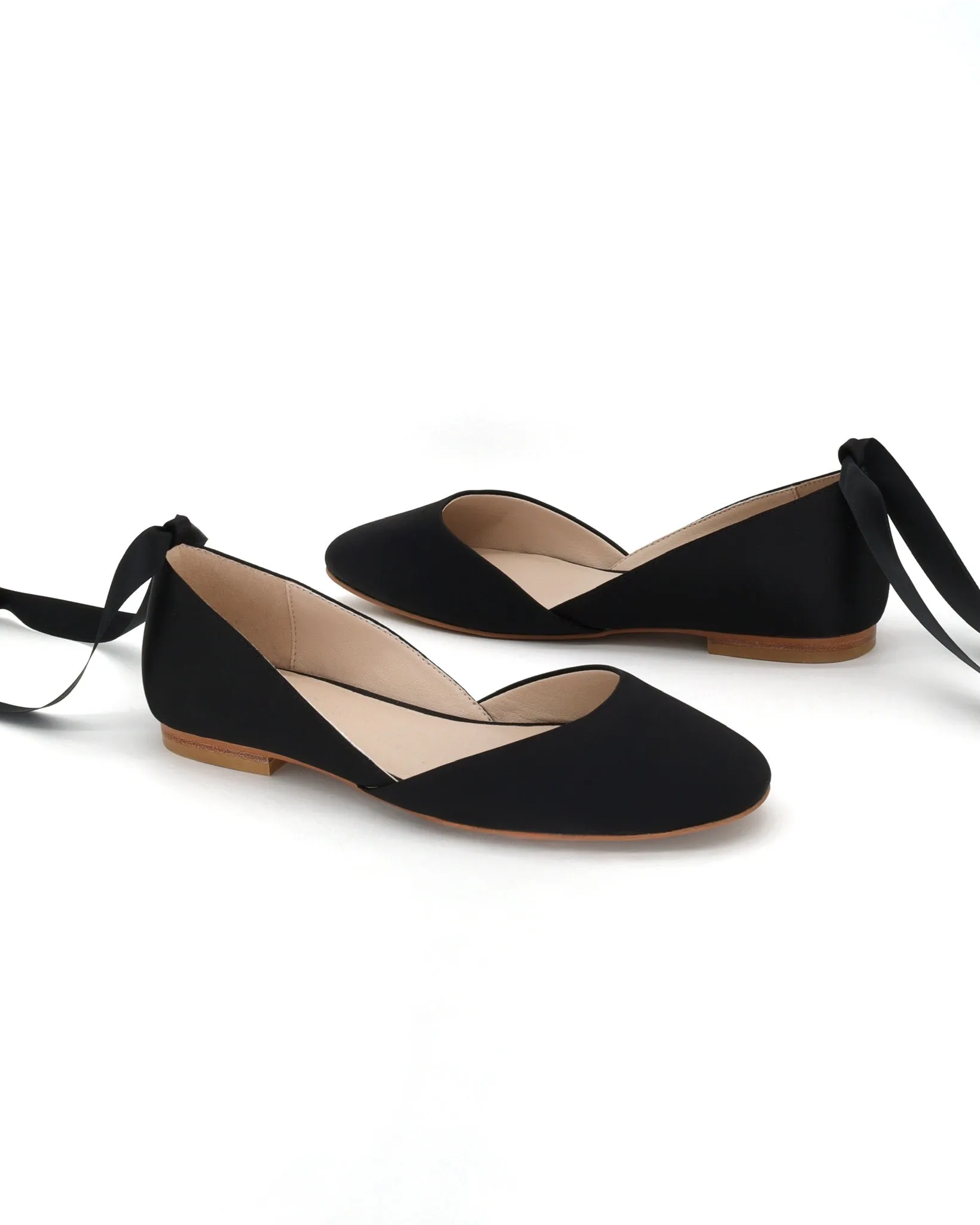 Black Satin Round Toe Evening Flat with Ballerina Lace Up