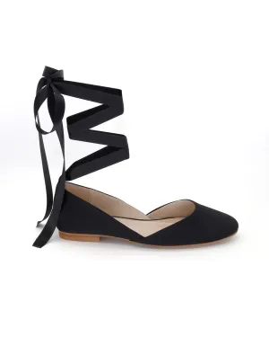 Black Satin Round Toe Evening Flat with Ballerina Lace Up