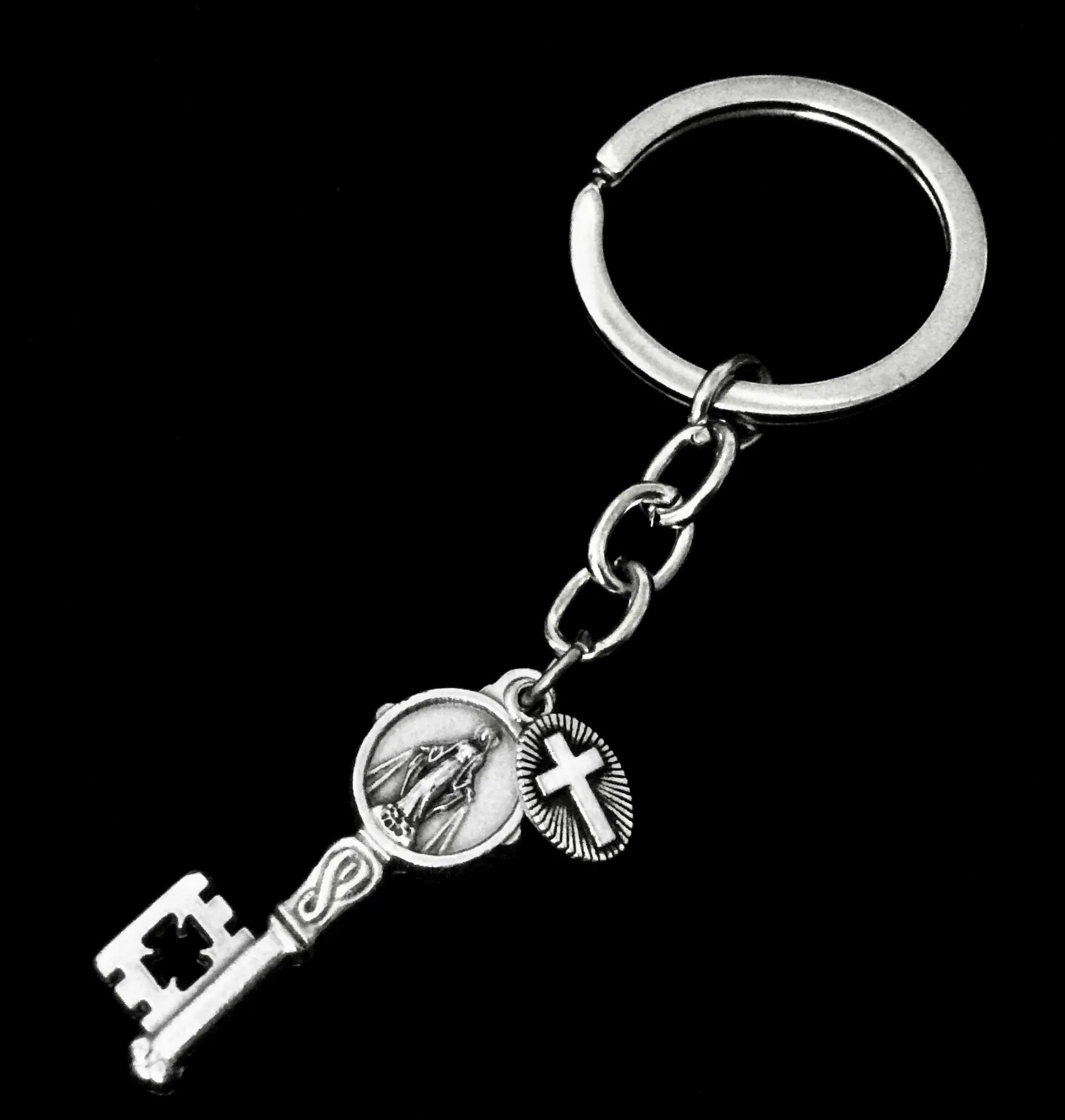 Blessed Virgin Mary Chain FOB Keychain Medal Silver Key Ring Gift Inspirational Jewelry Miraculous Mary