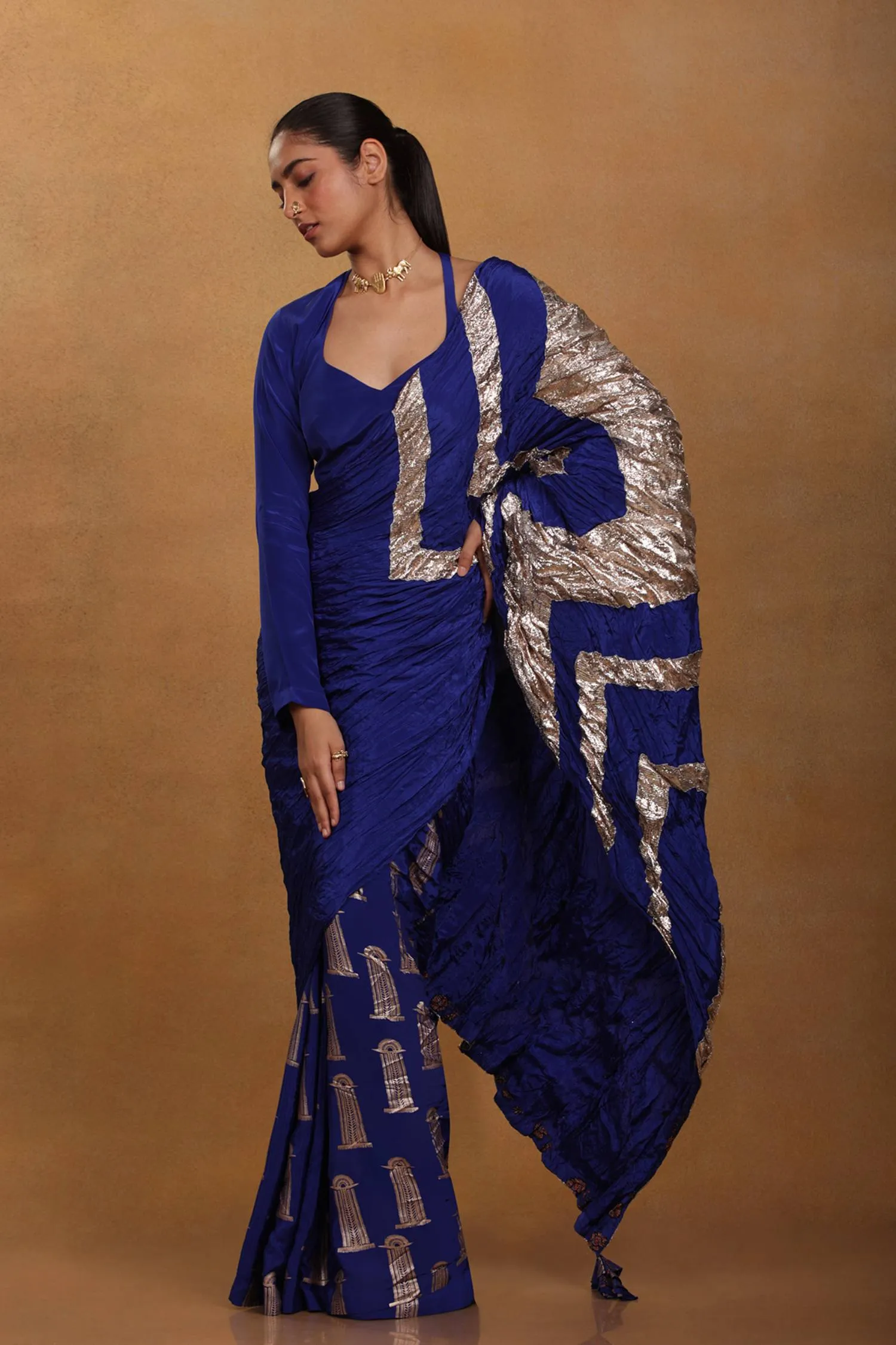 Blue Crinkle Sari With Unstitched Blouse