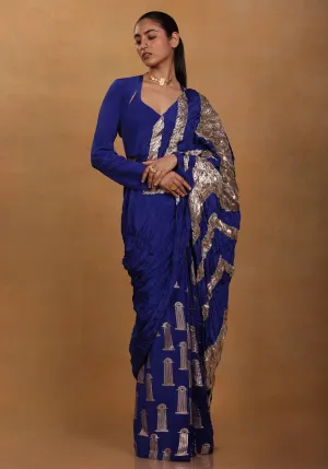 Blue Crinkle Sari With Unstitched Blouse