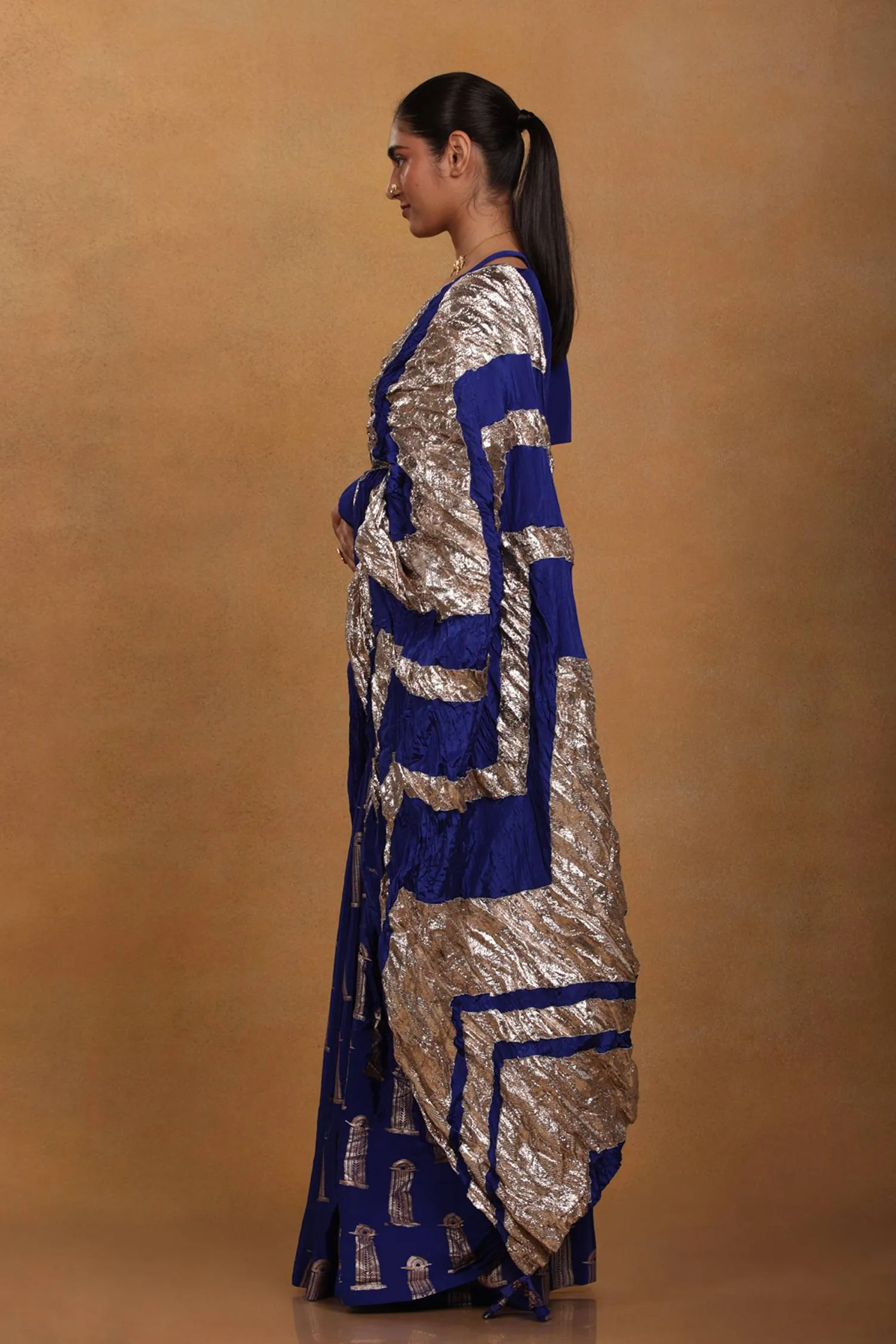 Blue Crinkle Sari With Unstitched Blouse