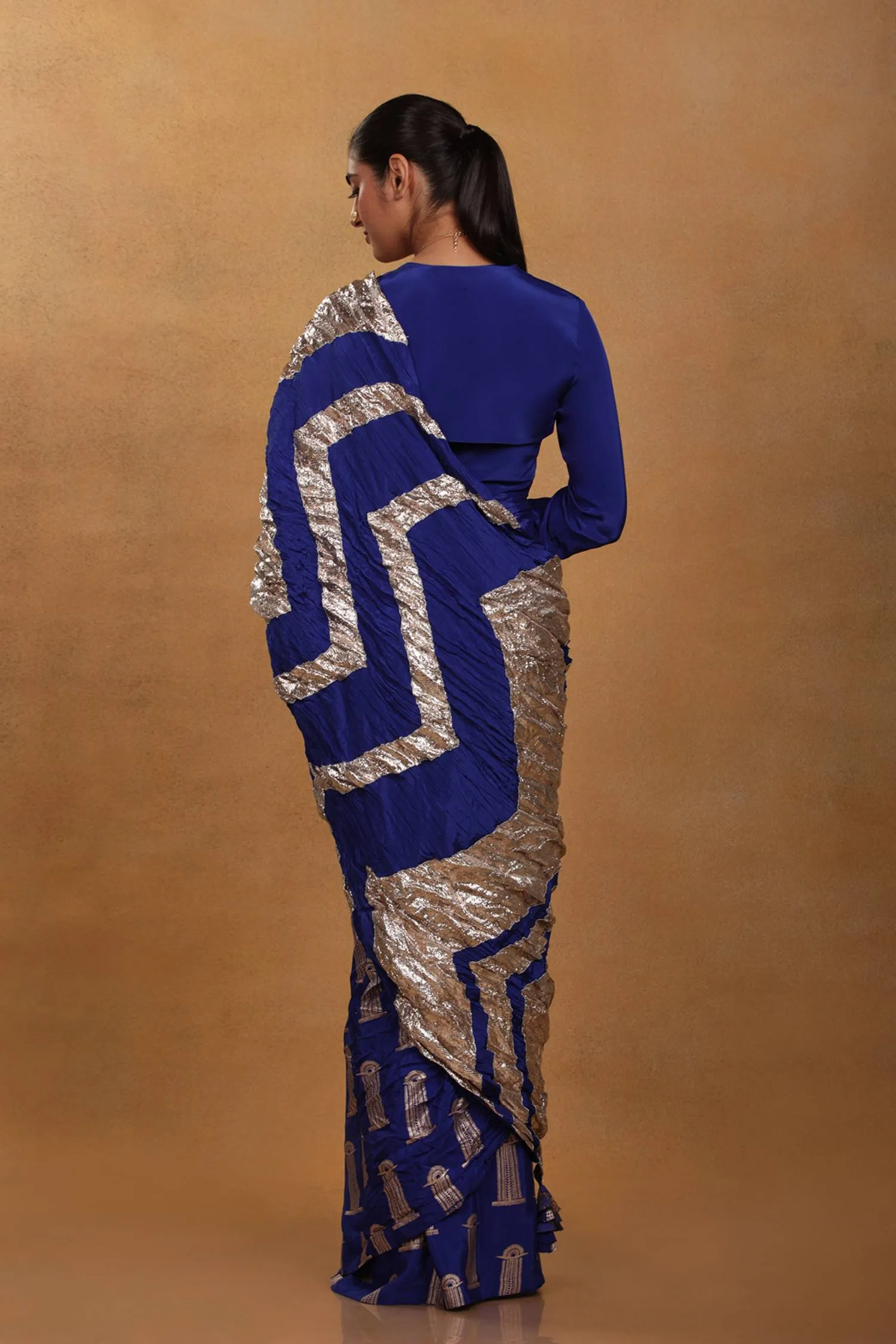 Blue Crinkle Sari With Unstitched Blouse