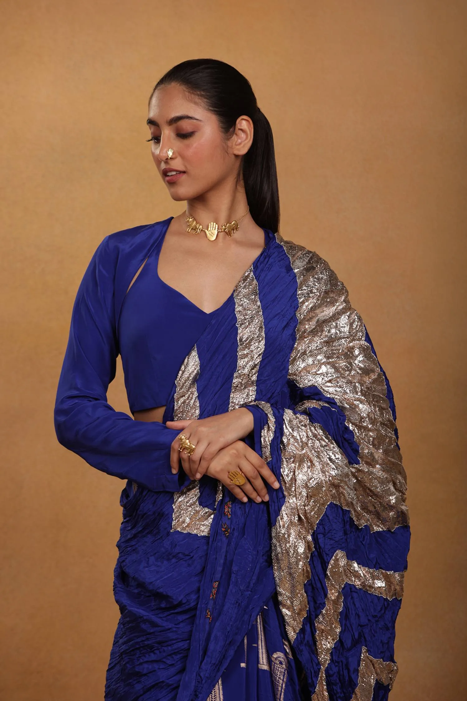 Blue Crinkle Sari With Unstitched Blouse
