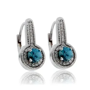 Blue Zircon Dangle Earrings with Diamond Drop & Halo