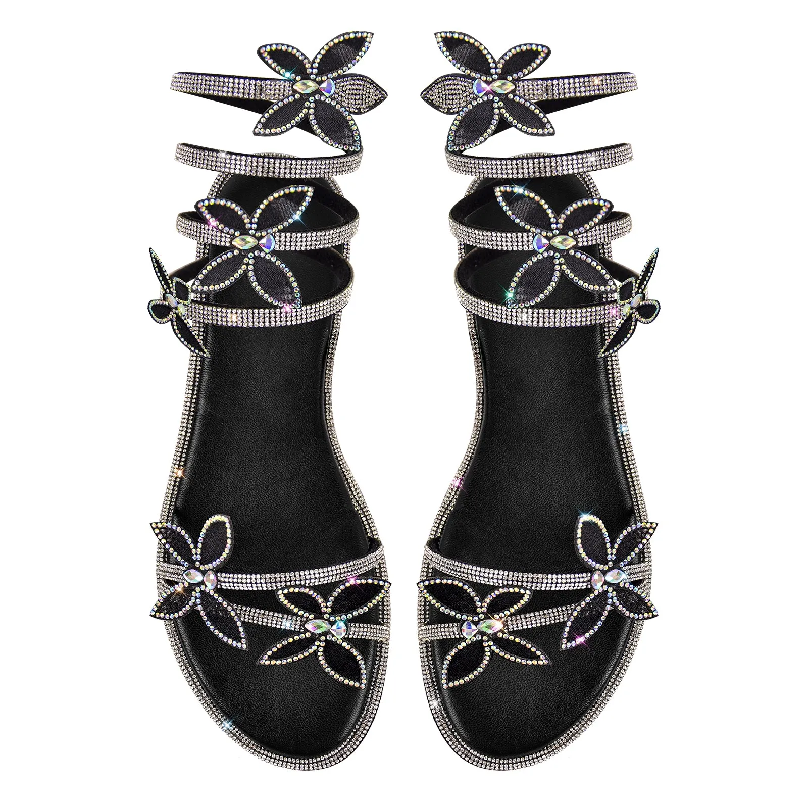 Butterfly Rhinestone Round Toe Strap Flat Sandals