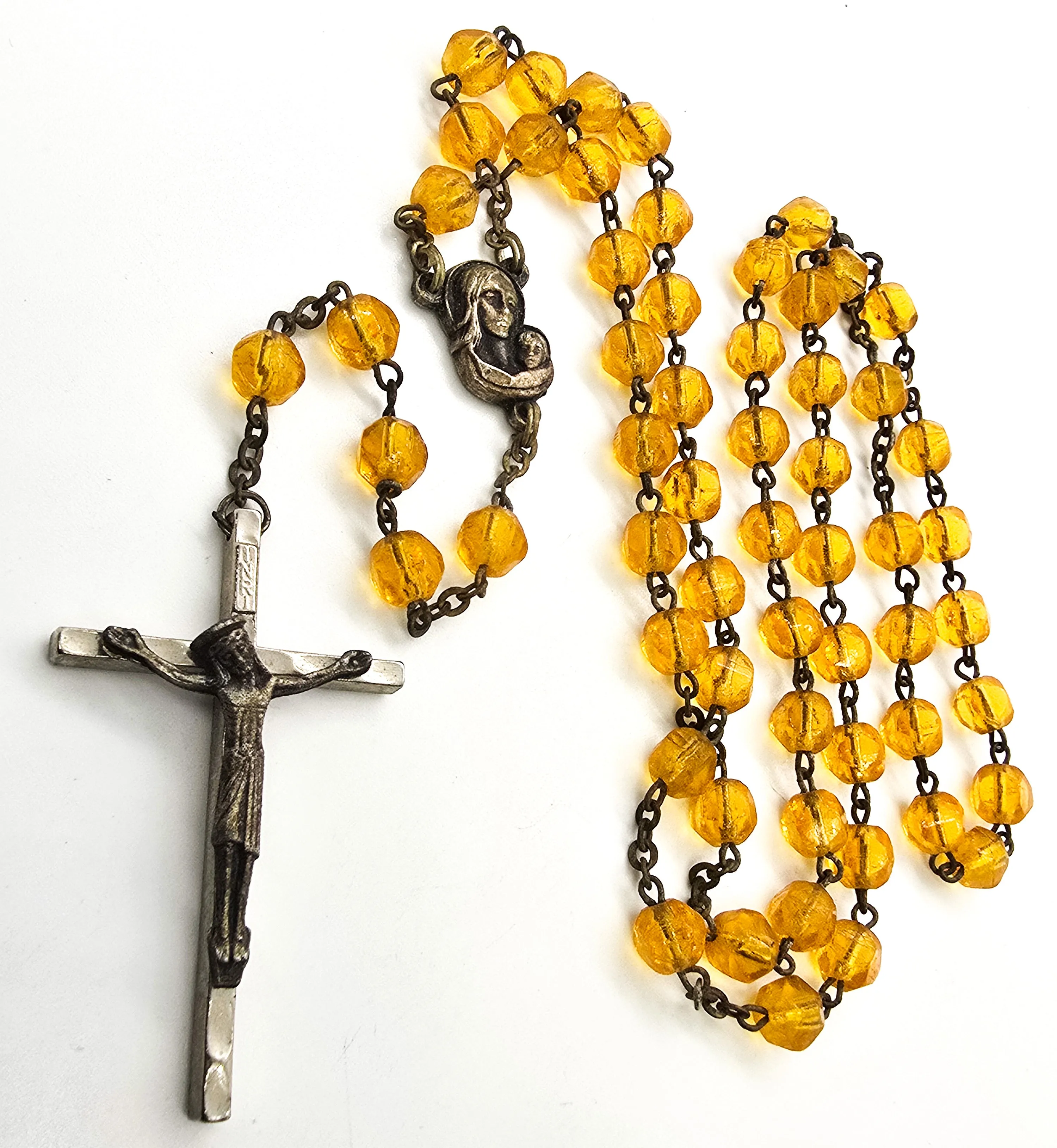 Catholic Rosary Mother Mary Crucifix amber glass crystal vintage rosary