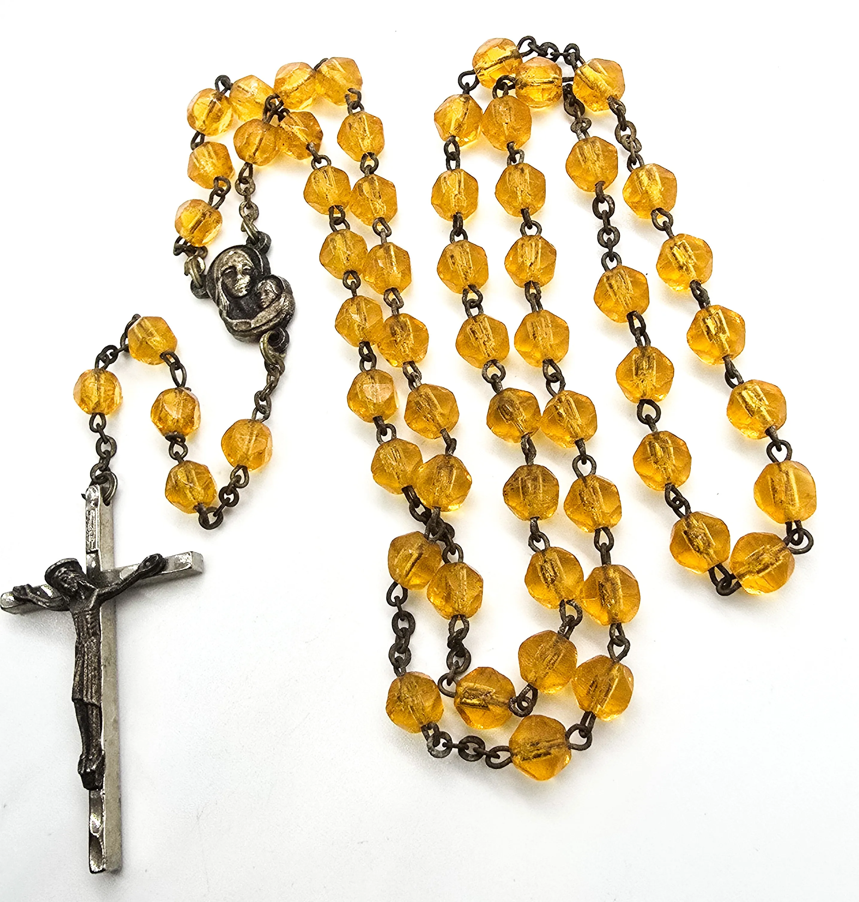 Catholic Rosary Mother Mary Crucifix amber glass crystal vintage rosary