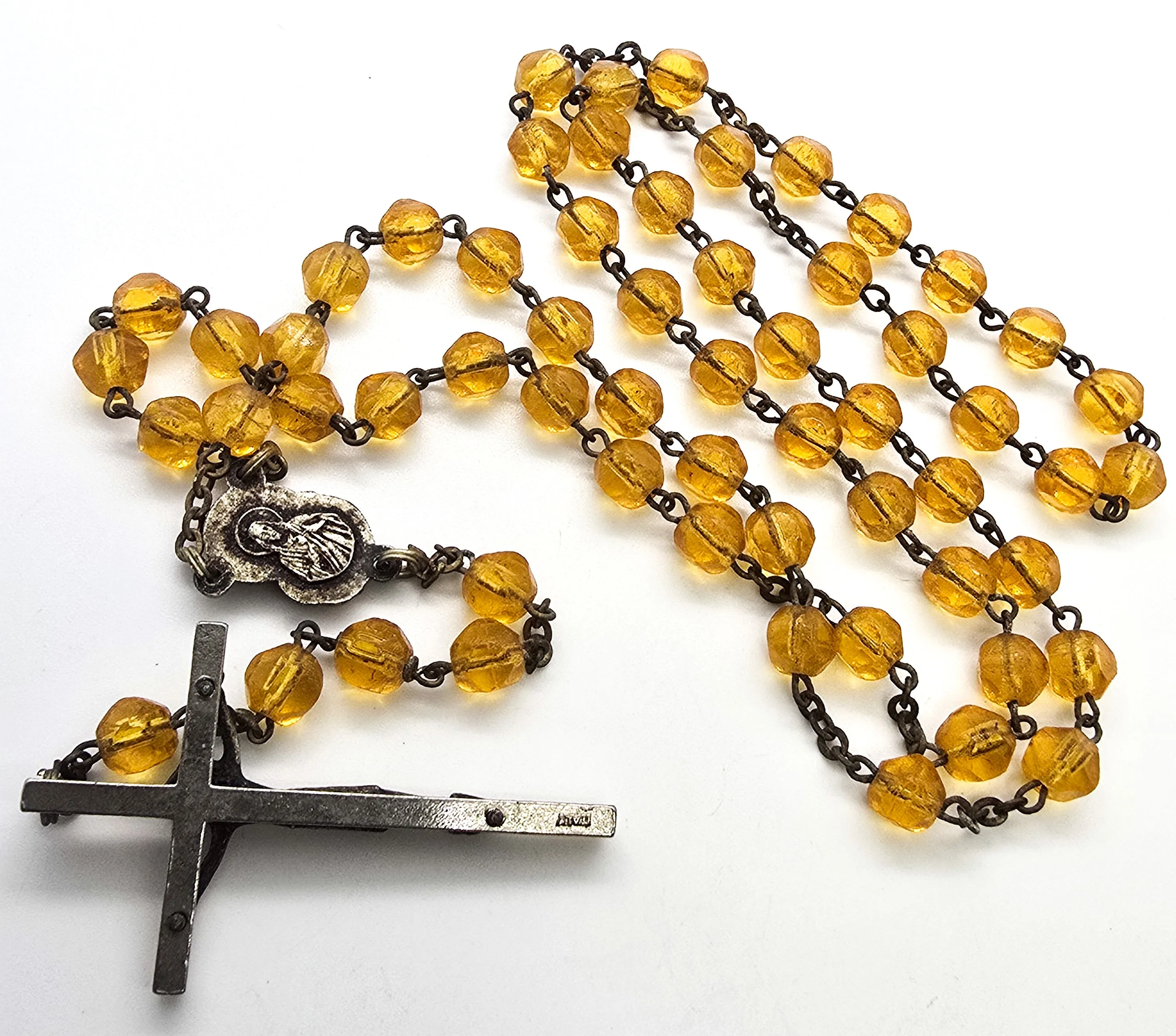 Catholic Rosary Mother Mary Crucifix amber glass crystal vintage rosary