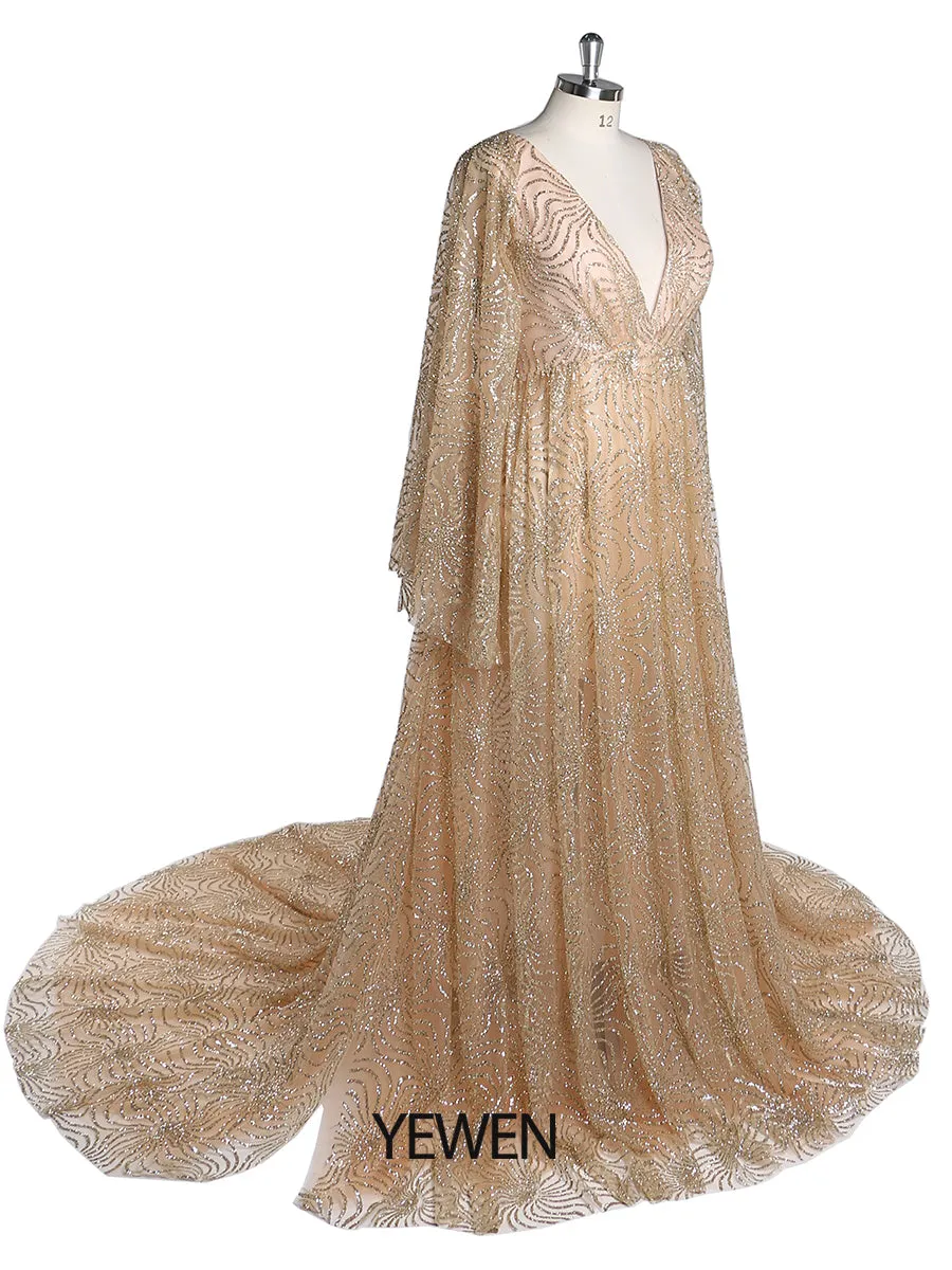 Champagne Gold Glitter Maternity Gowns for Photoshoot Adjustable Waist Pregnancy Photography Robe Baby Shower Dress YW220402-2