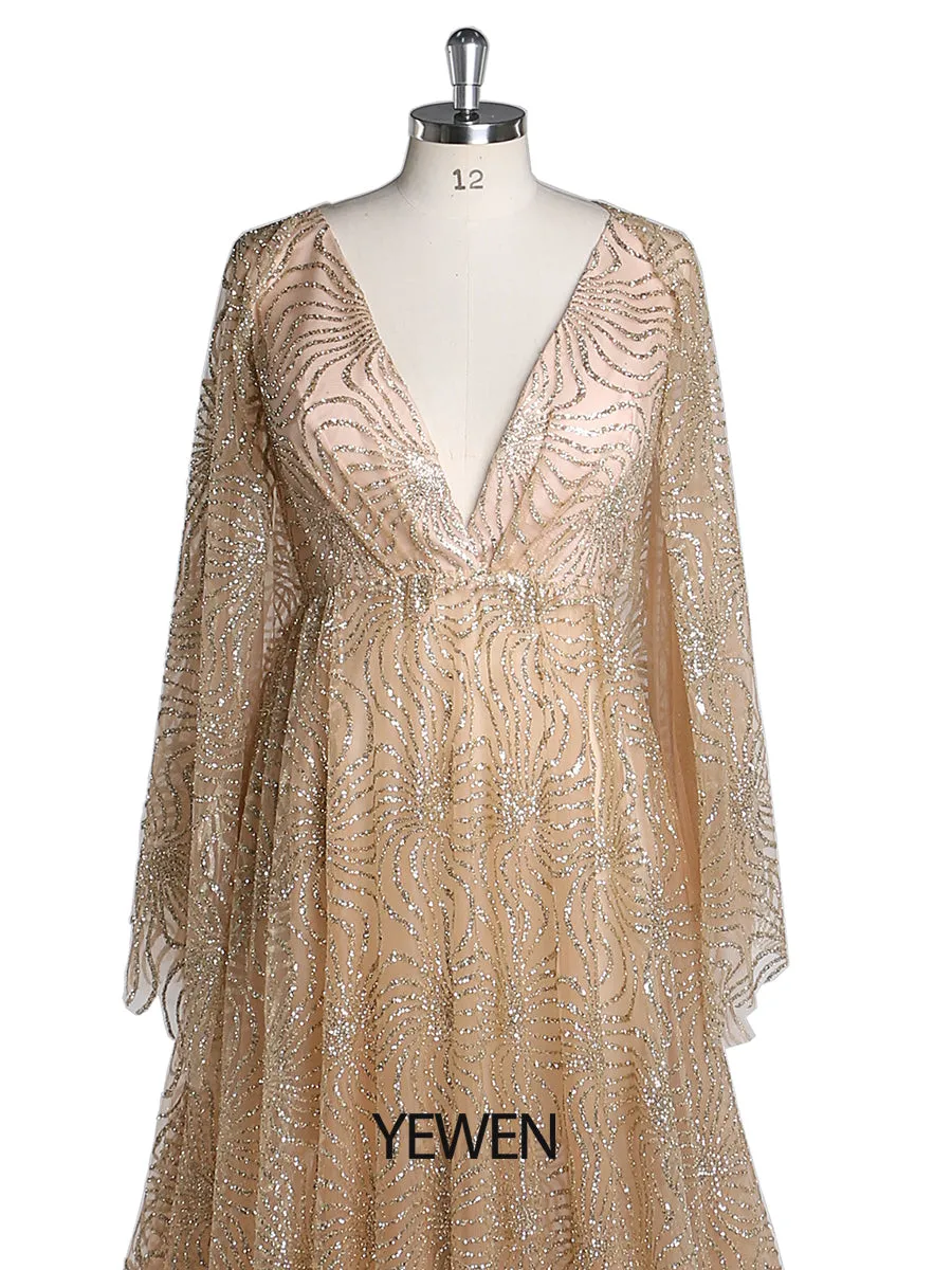 Champagne Gold Glitter Maternity Gowns for Photoshoot Adjustable Waist Pregnancy Photography Robe Baby Shower Dress YW220402-2