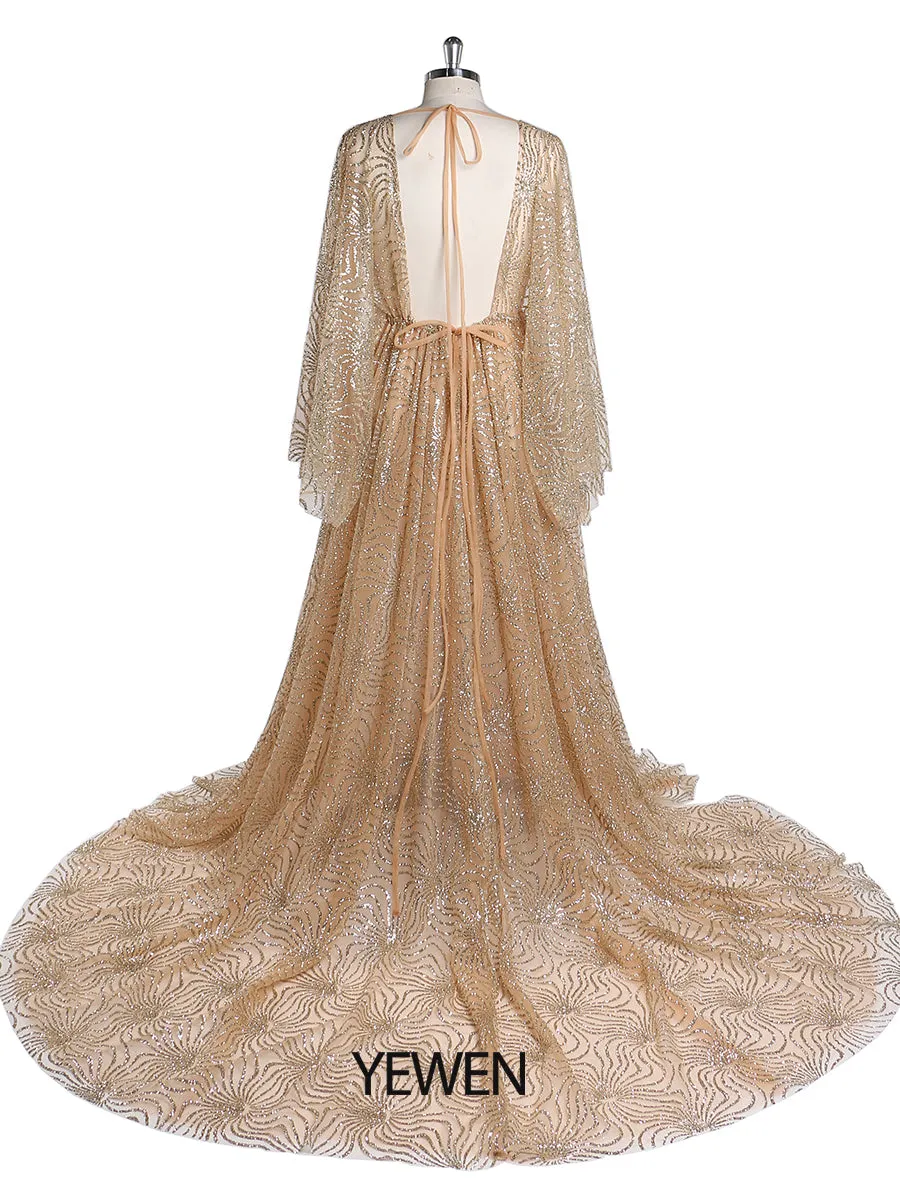 Champagne Gold Glitter Maternity Gowns for Photoshoot Adjustable Waist Pregnancy Photography Robe Baby Shower Dress YW220402-2