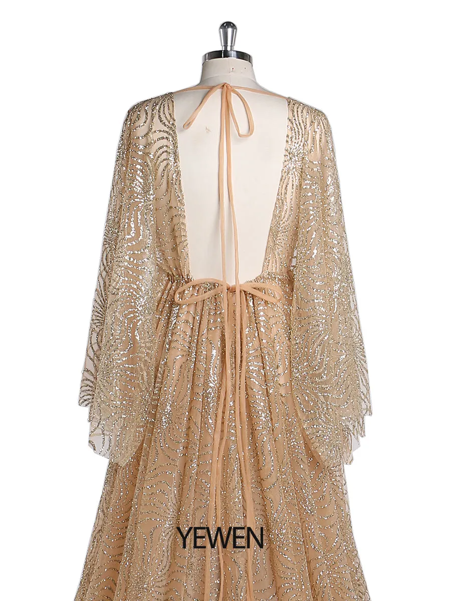 Champagne Gold Glitter Maternity Gowns for Photoshoot Adjustable Waist Pregnancy Photography Robe Baby Shower Dress YW220402-2