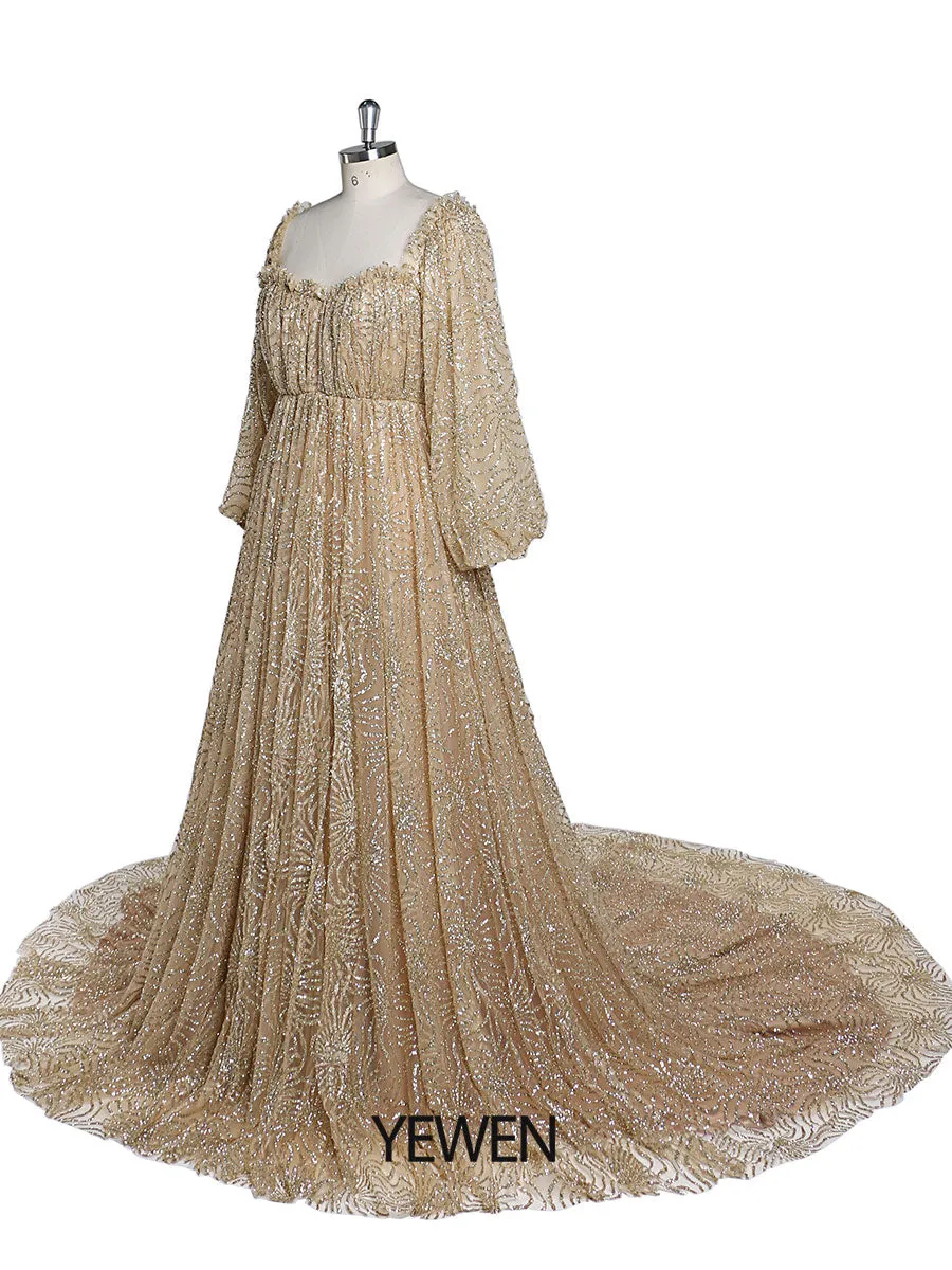 Champagne Gold Glitter Tulle Maternity Gowns for Photoshoot Lace Up Pregnancy Photography Robe Baby Shower Dress