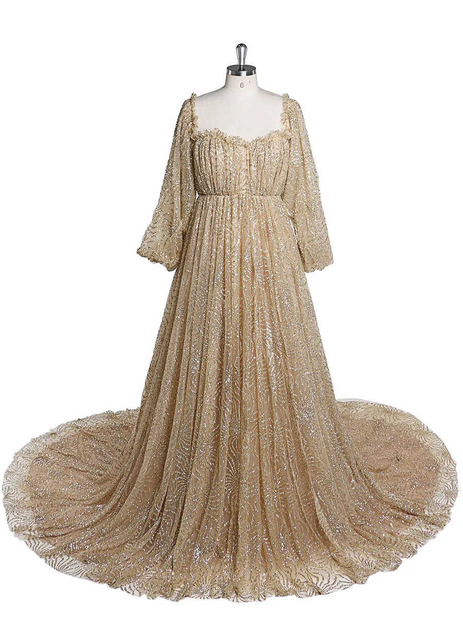 Champagne Gold Glitter Tulle Maternity Gowns for Photoshoot Lace Up Pregnancy Photography Robe Baby Shower Dress
