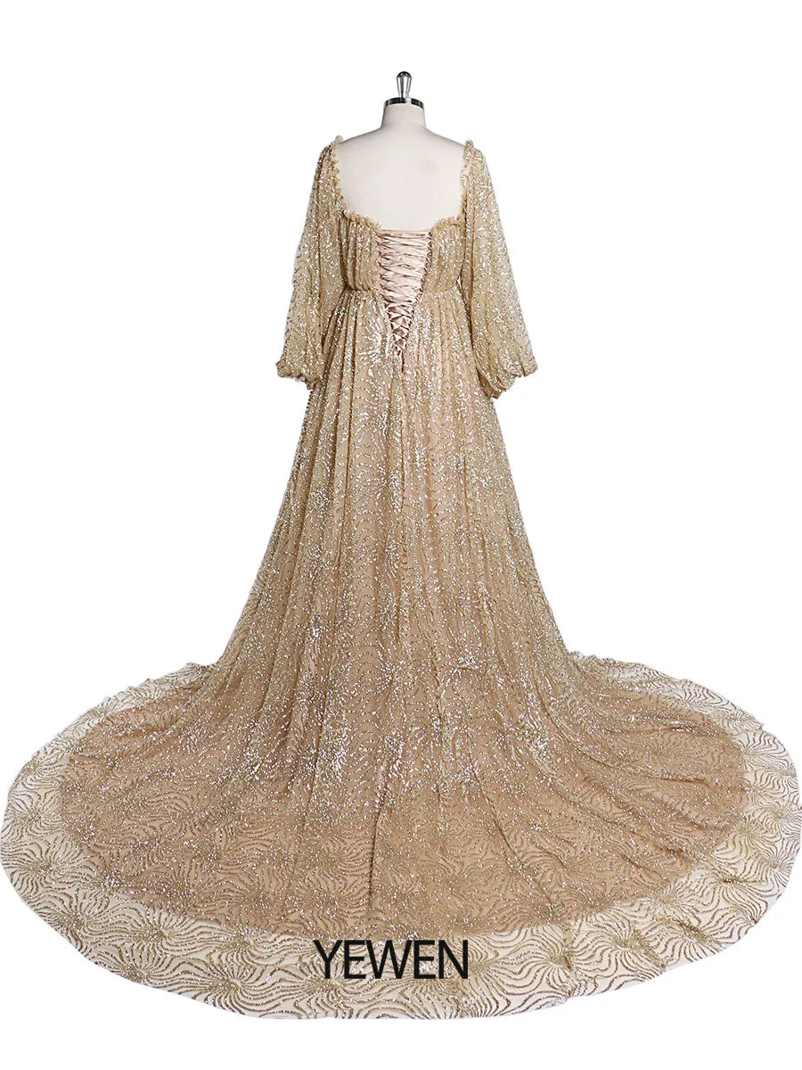 Champagne Gold Glitter Tulle Maternity Gowns for Photoshoot Lace Up Pregnancy Photography Robe Baby Shower Dress