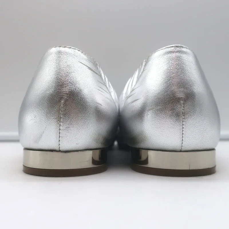 Chanel 16P CC Cap Toe Ballet Flats Silver Metallic Ruched Leather Size 41