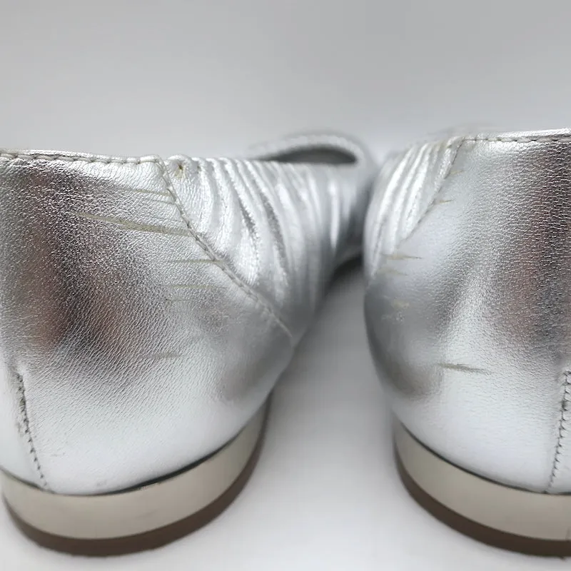 Chanel 16P CC Cap Toe Ballet Flats Silver Metallic Ruched Leather Size 41