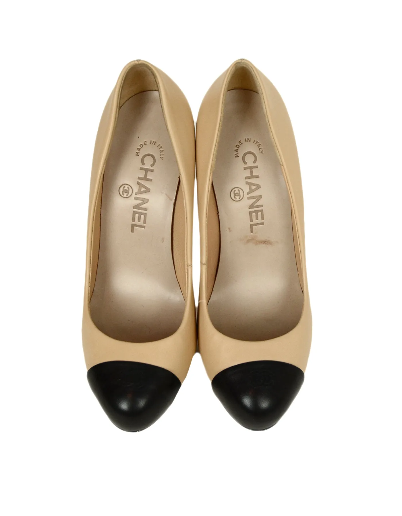 Chanel Beige/Black Leather Hidden Platform CC Heels sz 37