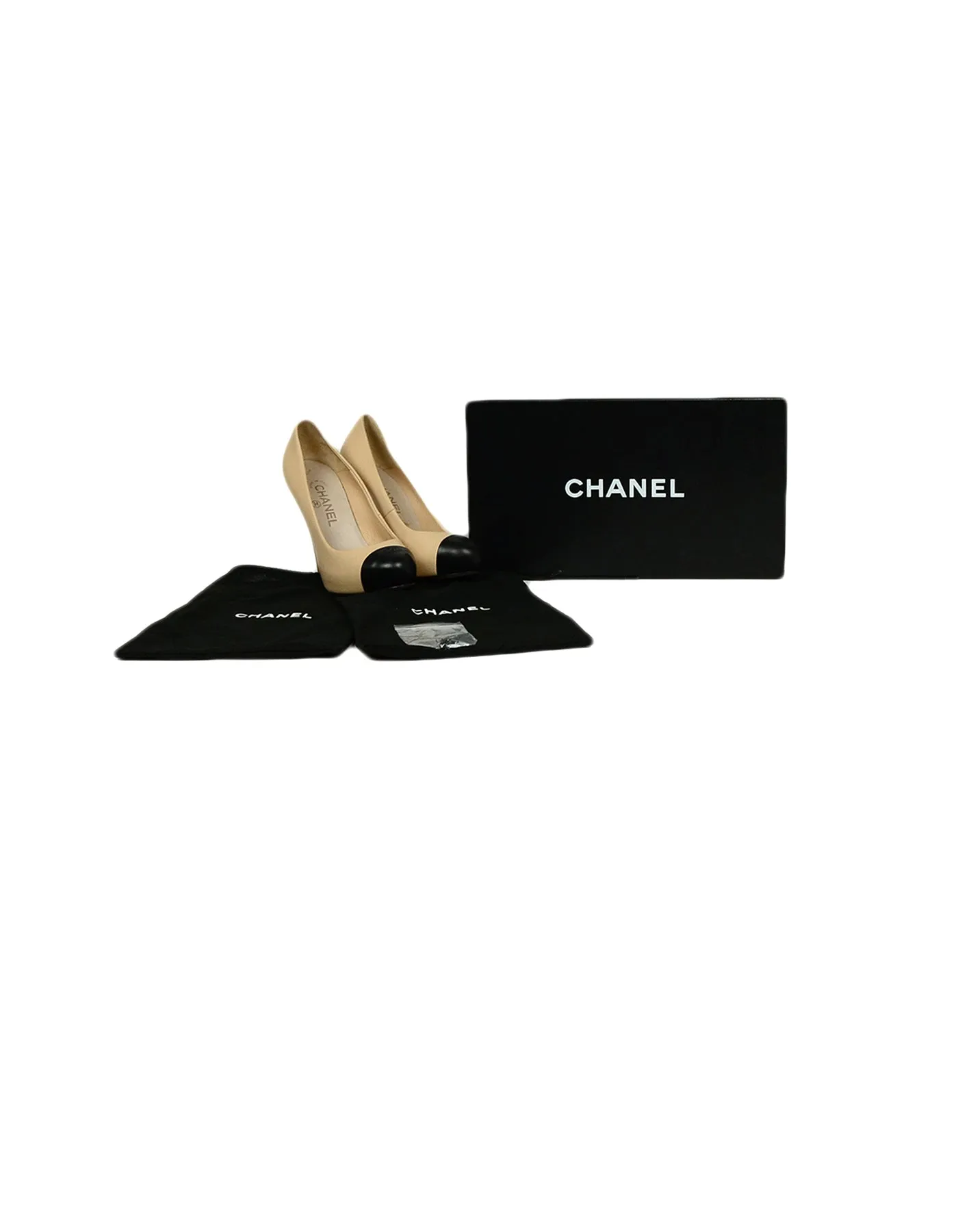 Chanel Beige/Black Leather Hidden Platform CC Heels sz 37