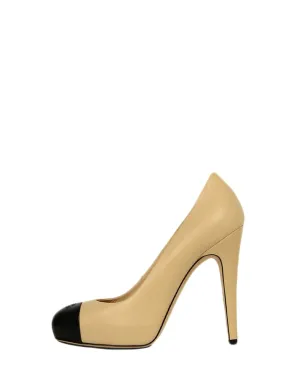 Chanel Beige/Black Leather Hidden Platform CC Heels sz 37