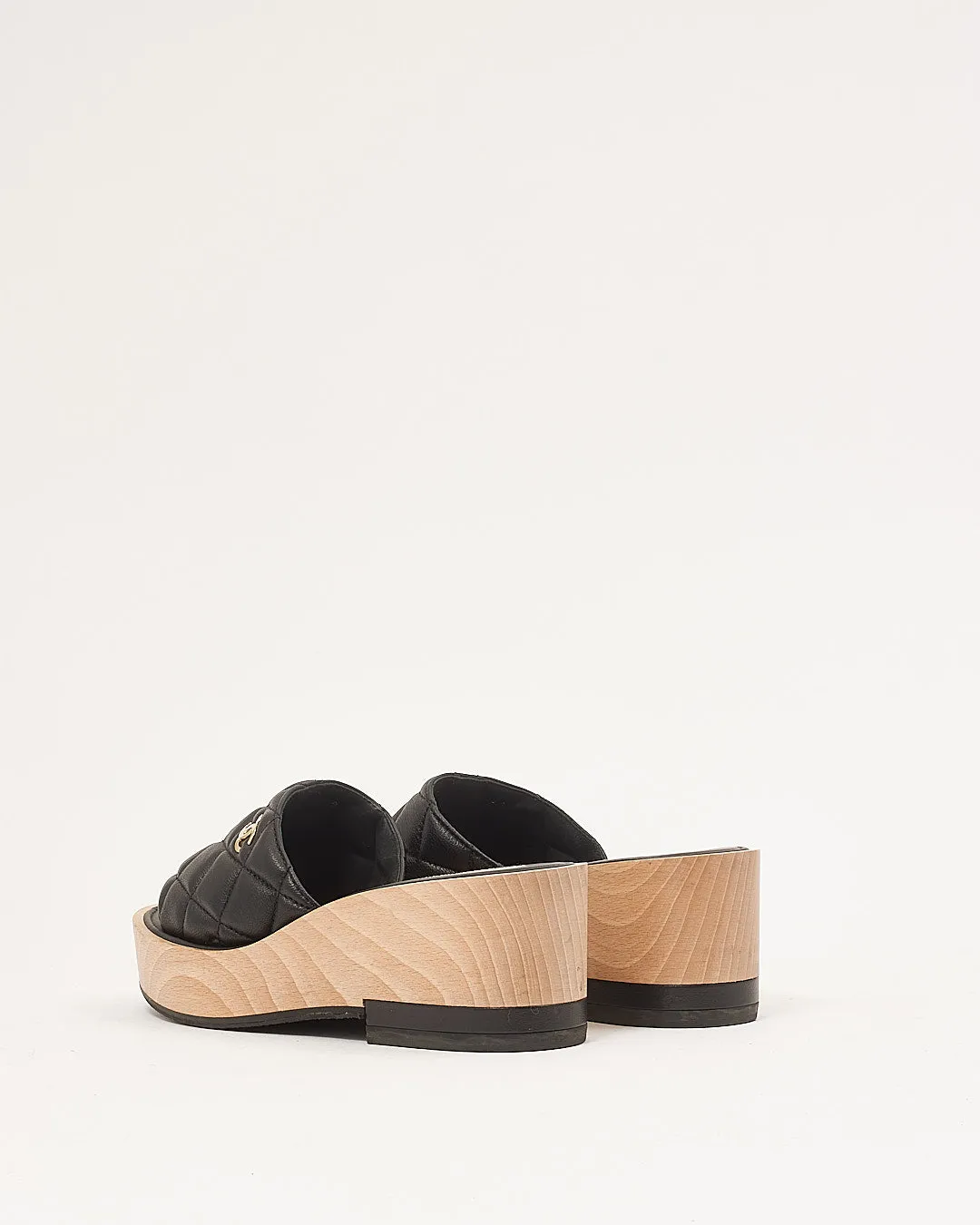 Chanel Black Leather Quilted Mule Slide Wooden Platform - 38
