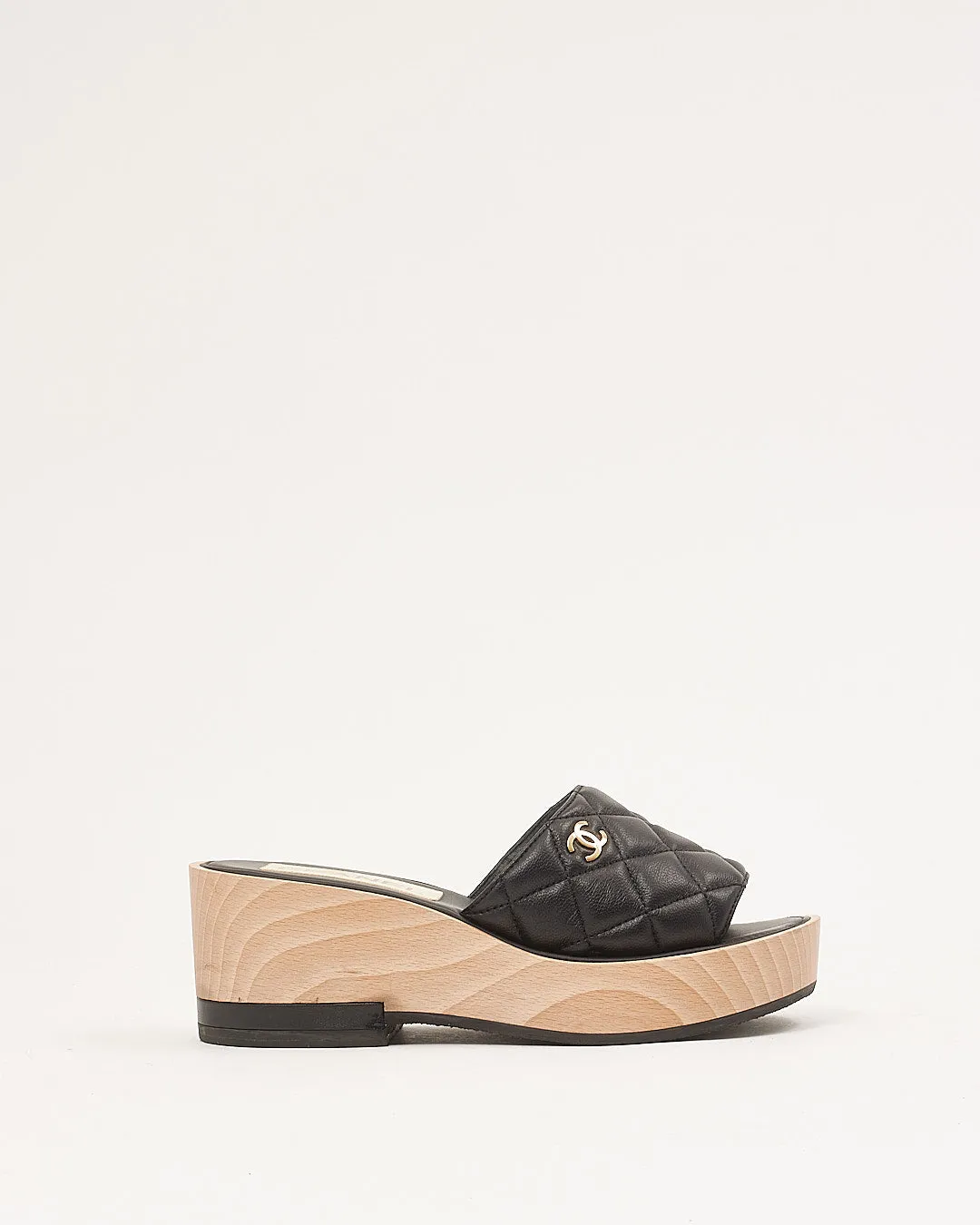 Chanel Black Leather Quilted Mule Slide Wooden Platform - 38