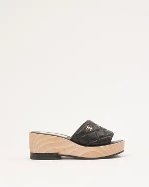 Chanel Black Leather Quilted Mule Slide Wooden Platform - 38