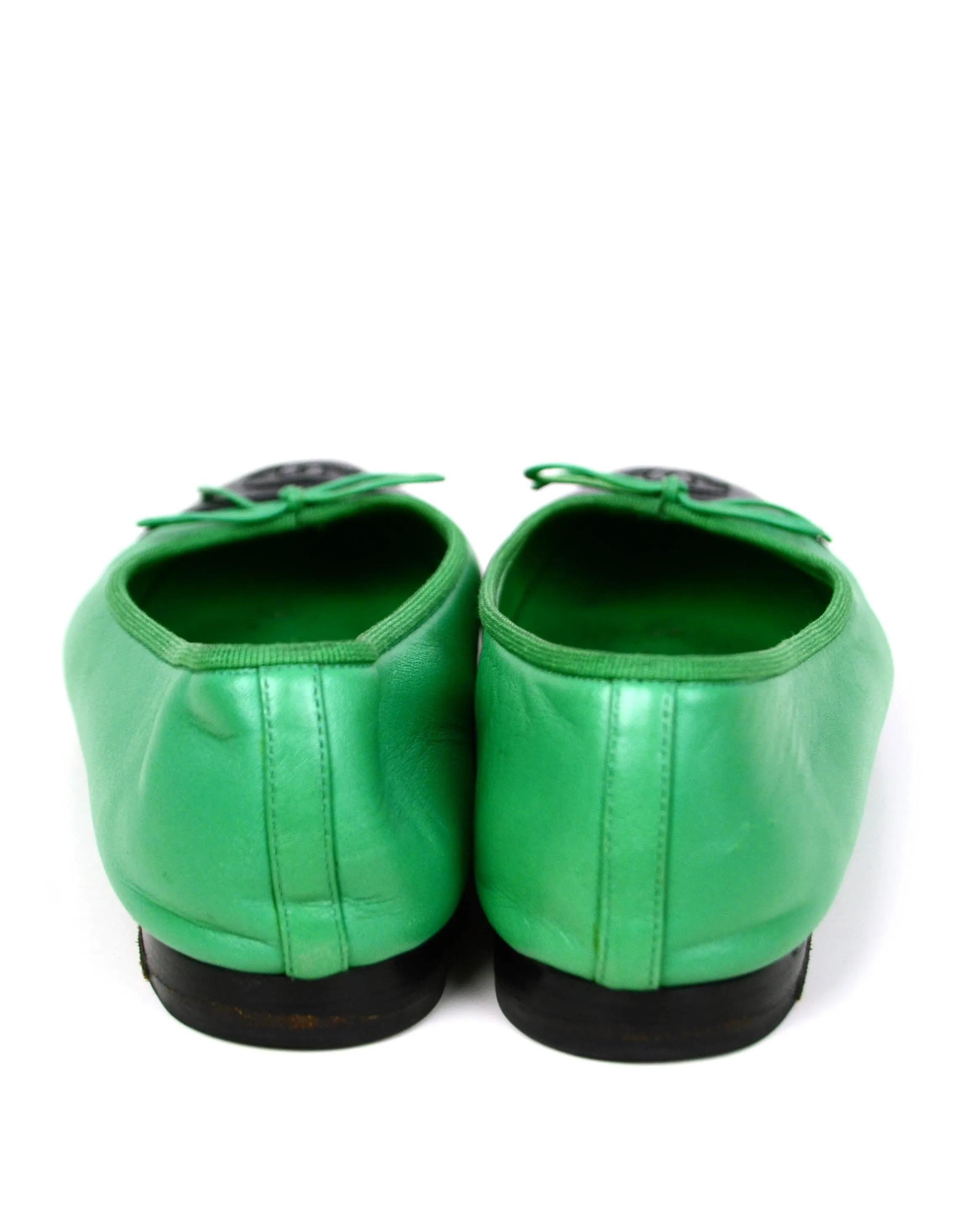 Chanel Green/Black Leather Cap Toe CC Ballet Flats sz 39
