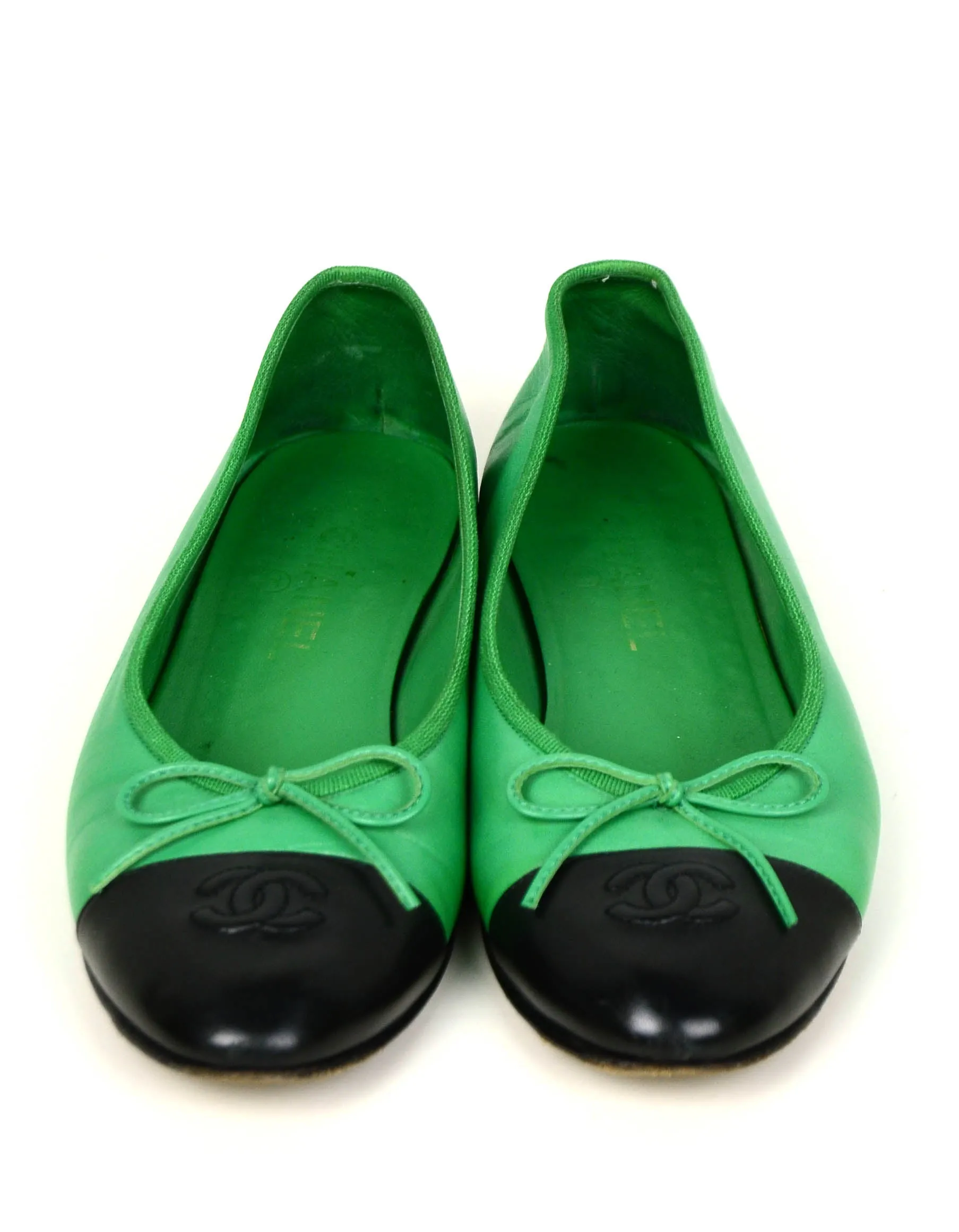 Chanel Green/Black Leather Cap Toe CC Ballet Flats sz 39