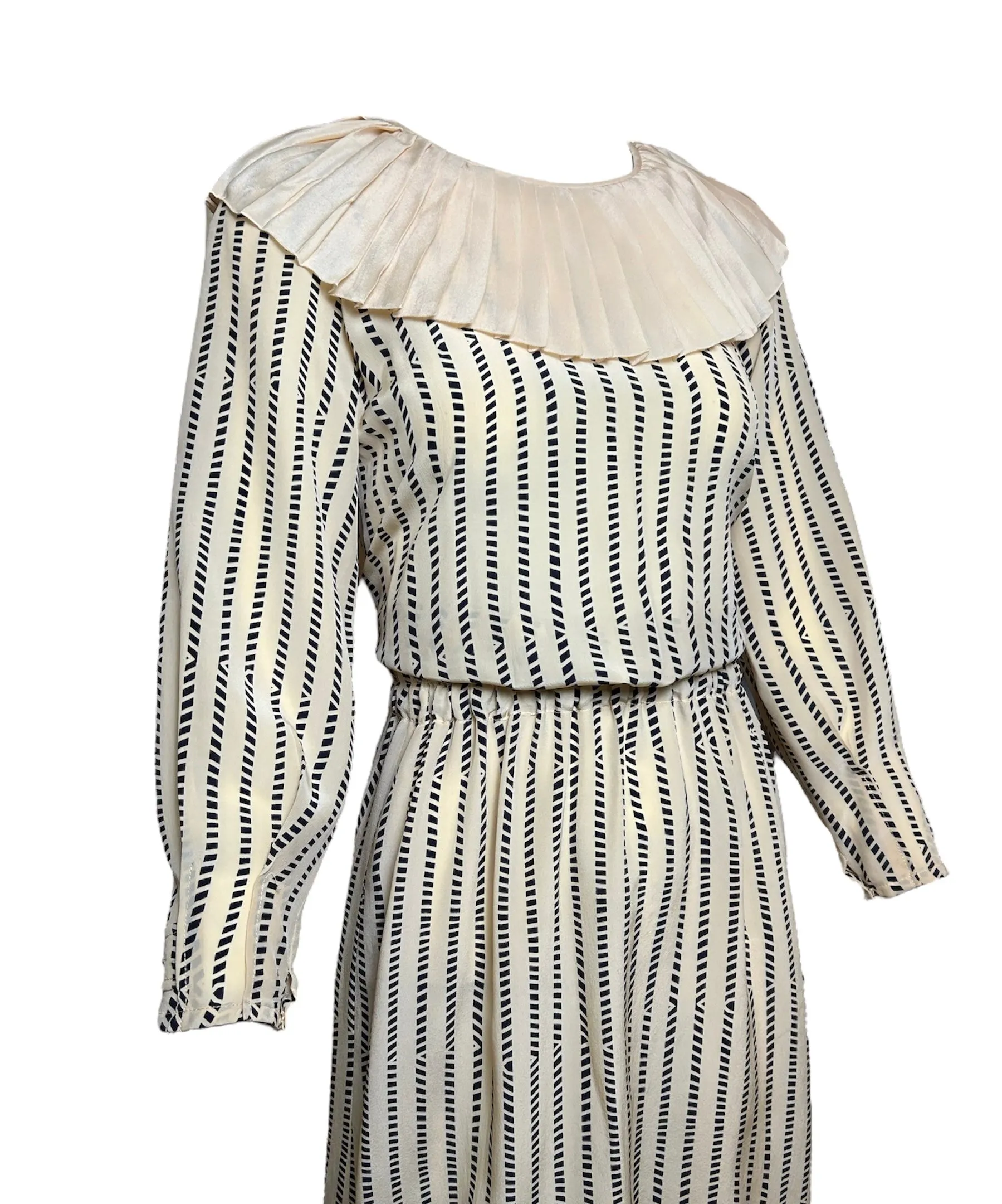Chloe Beige and Navy Babydoll Silk Dress with Ruffle Collar